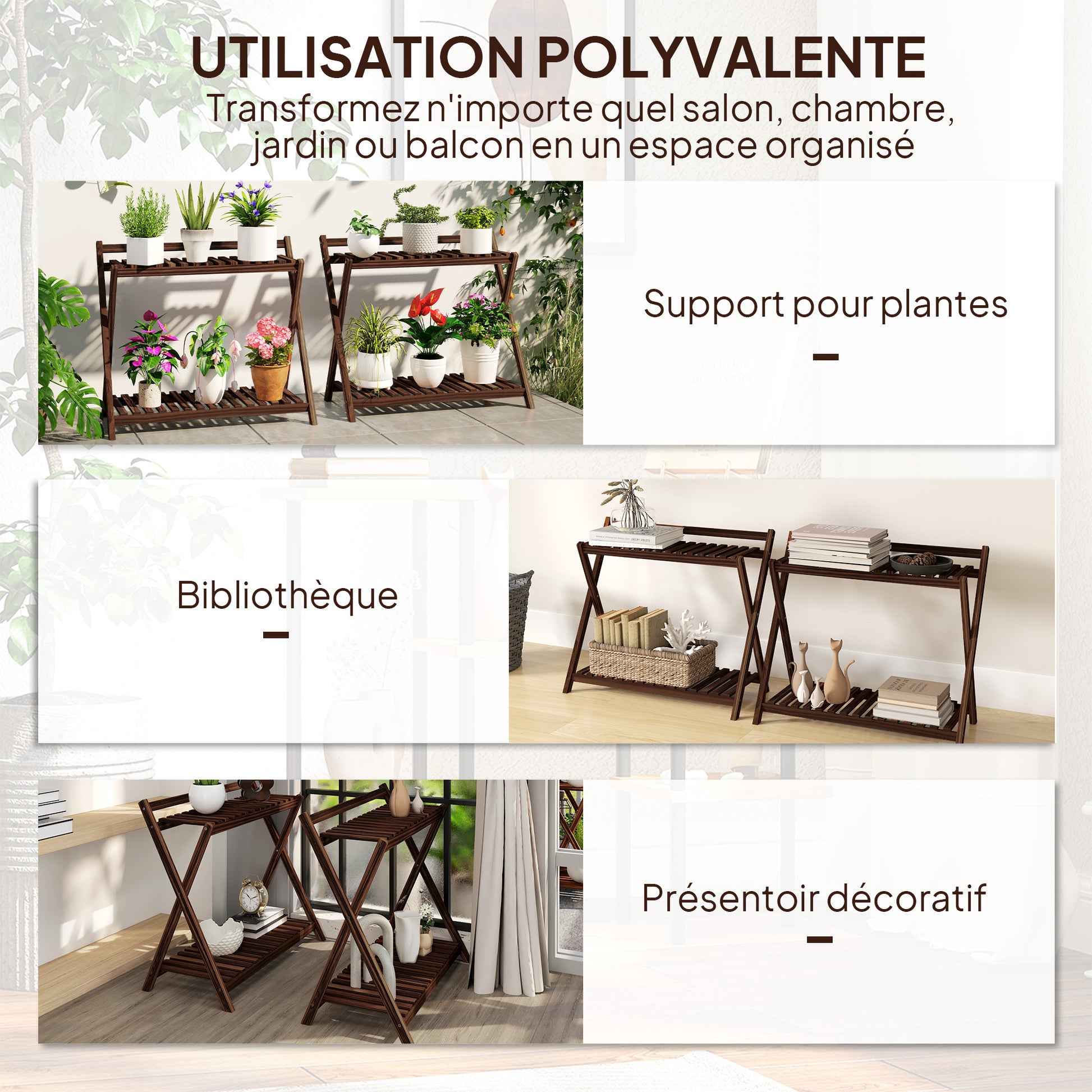 Set of 2 indoor plant stands 2 levels, wooden plant shelves with back support, indoor and outdoor plant stand, for garden, balcony, living room, brown