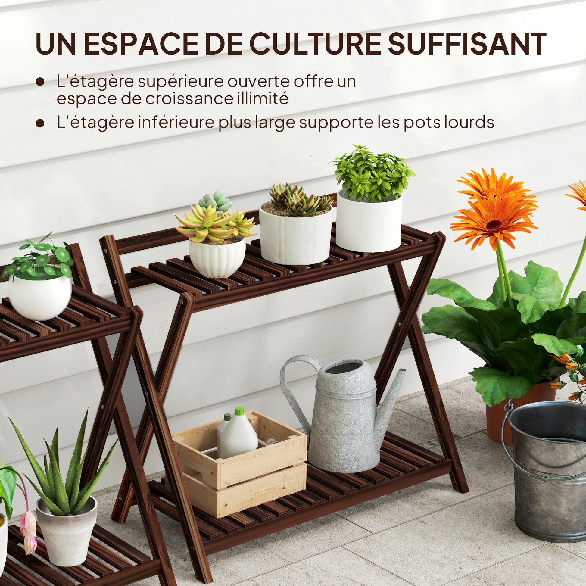 Set of 2 indoor plant stands 2 levels, wooden plant shelves with back support, indoor and outdoor plant stand, for garden, balcony, living room, brown