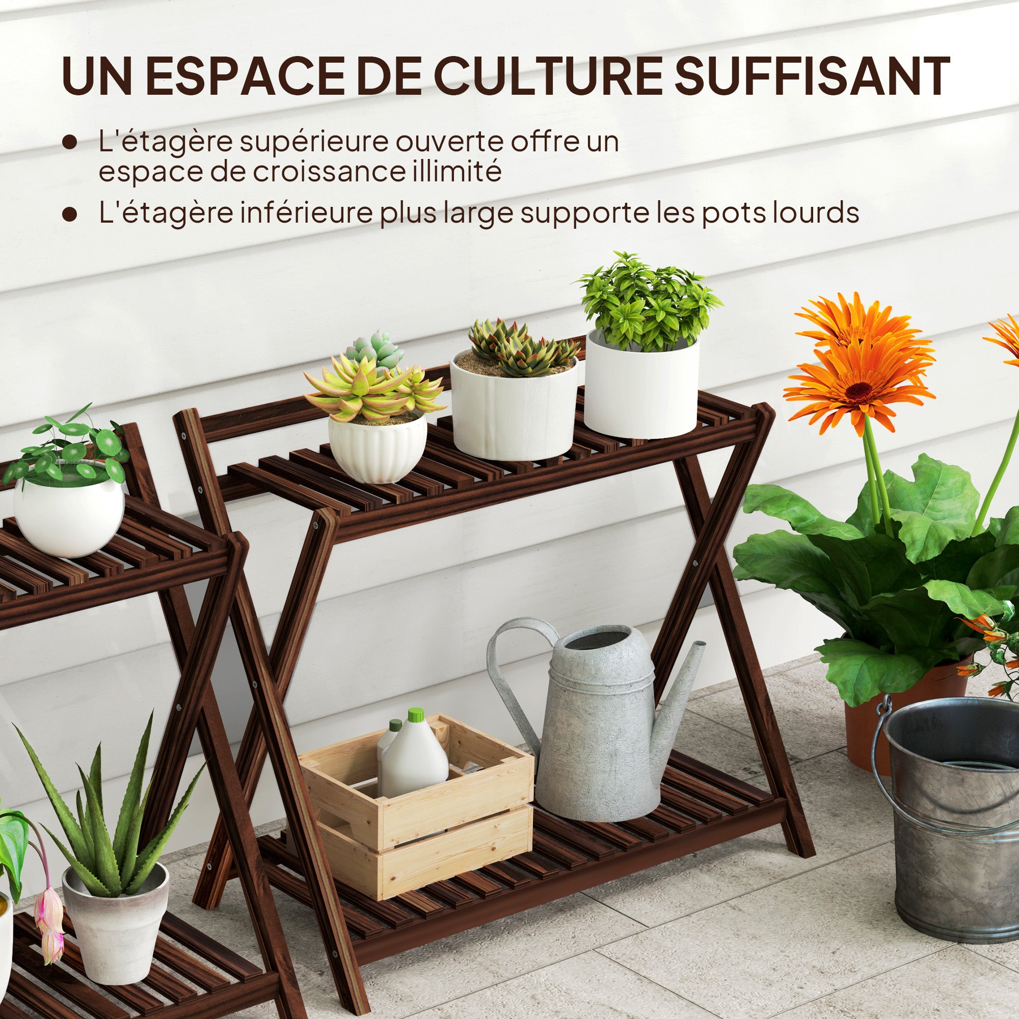 Set of 2 indoor plant stands 2 levels, wooden plant shelves with back support, indoor and outdoor plant stand, for garden, balcony, living room, brown