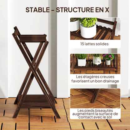 Set of 2 indoor plant stands 2 levels, wooden plant shelves with back support, indoor and outdoor plant stand, for garden, balcony, living room, brown