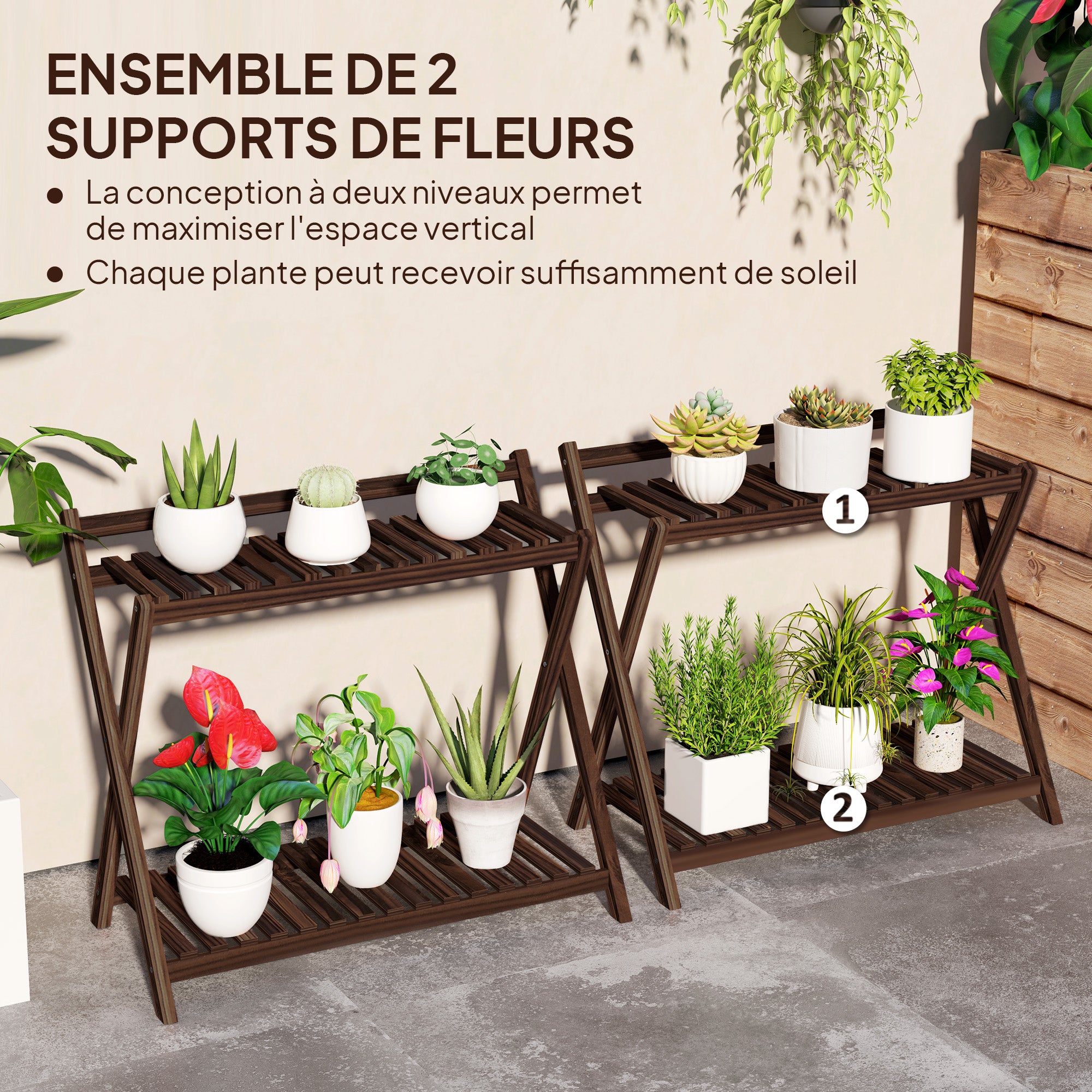 Set of 2 indoor plant stands 2 levels, wooden plant shelves with back support, indoor and outdoor plant stand, for garden, balcony, living room, brown