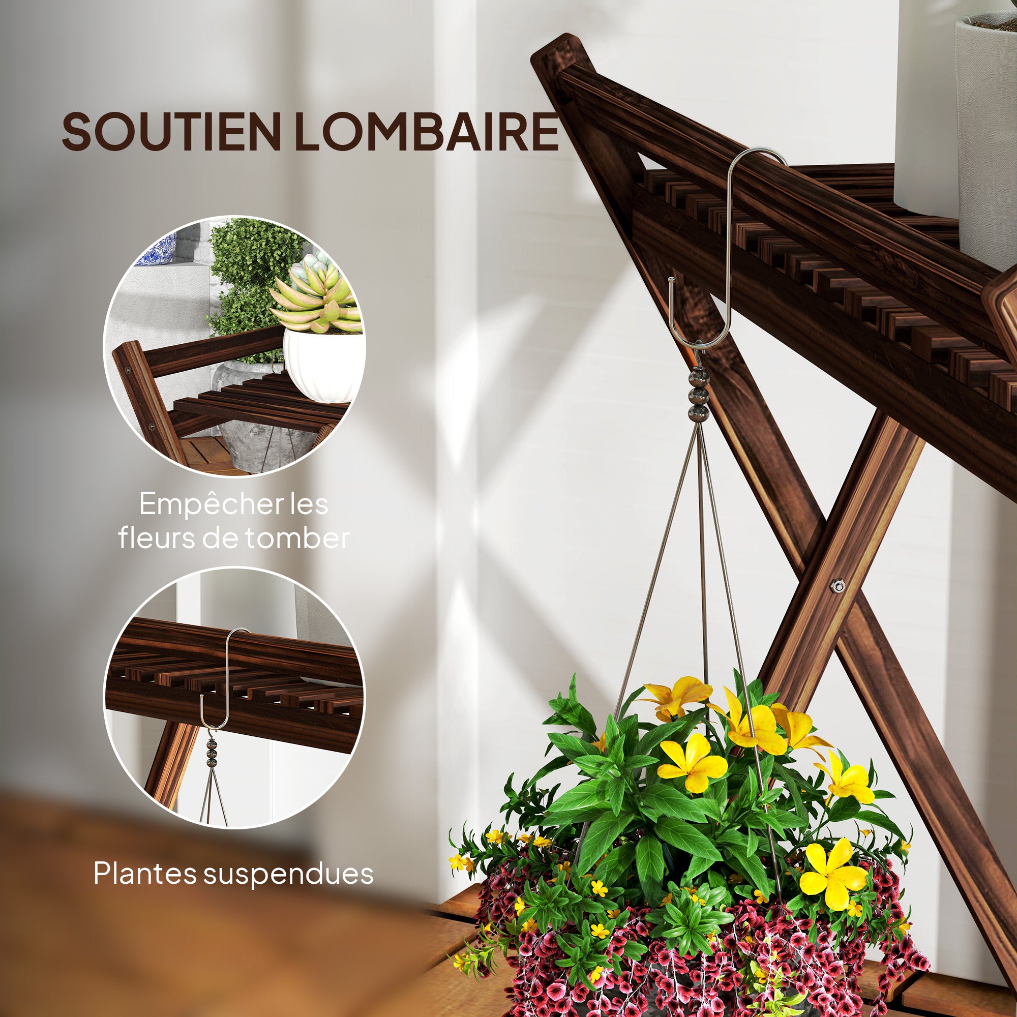 Set of 2 indoor plant stands 2 levels, wooden plant shelves with back support, indoor and outdoor plant stand, for garden, balcony, living room, brown