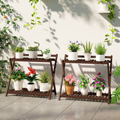 Set of 2 indoor plant stands 2 levels, wooden plant shelves with back support, indoor and outdoor plant stand, for garden, balcony, living room, brown