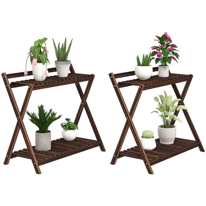 Set of 2 indoor plant stands 2 levels, wooden plant shelves with back support, indoor and outdoor plant stand, for garden, balcony, living room, brown
