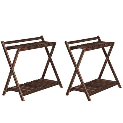 Set of 2 indoor plant stands 2 levels, wooden plant shelves with back support, indoor and outdoor plant stand, for garden, balcony, living room, brown