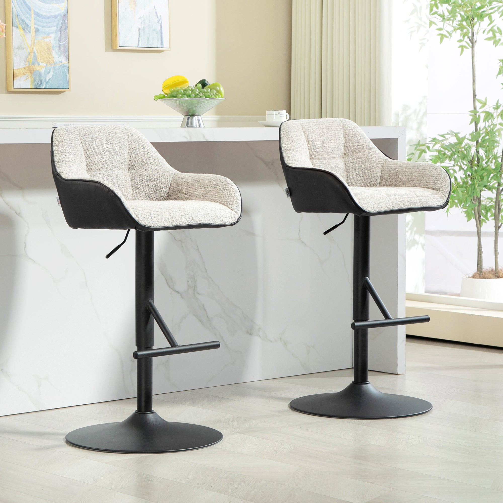 Set of 2 Bar Stools with Backrest, Footrest, and Armrests, Adjustable Swivel High Kitchen Stools in Fabric and PU with Non-Slip Base for Counter, Restaurant, Light Gray