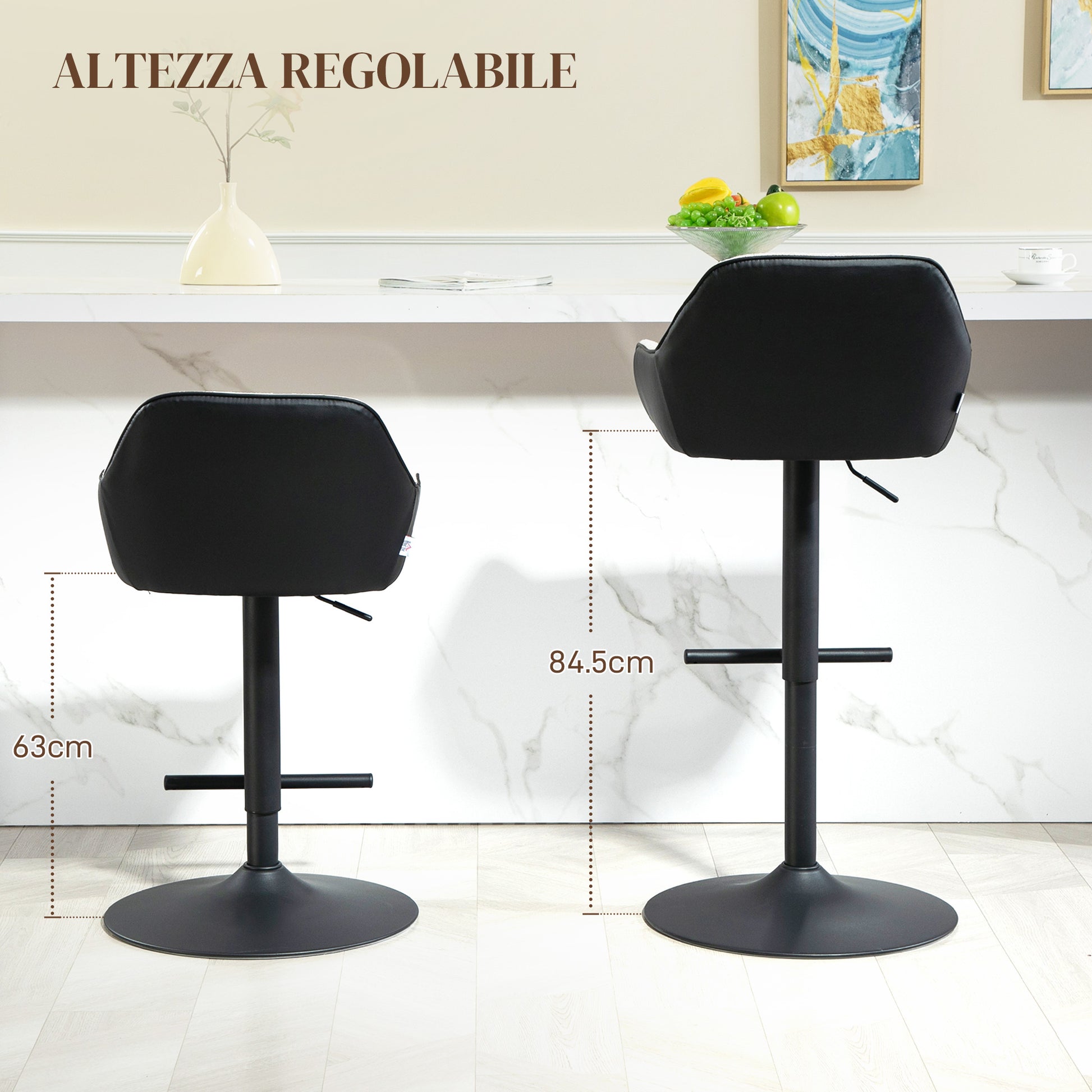 Set of 2 Bar Stools with Backrest, Footrest, and Armrests, Adjustable Swivel High Kitchen Stools in Fabric and PU with Non-Slip Base for Counter, Restaurant, Light Gray