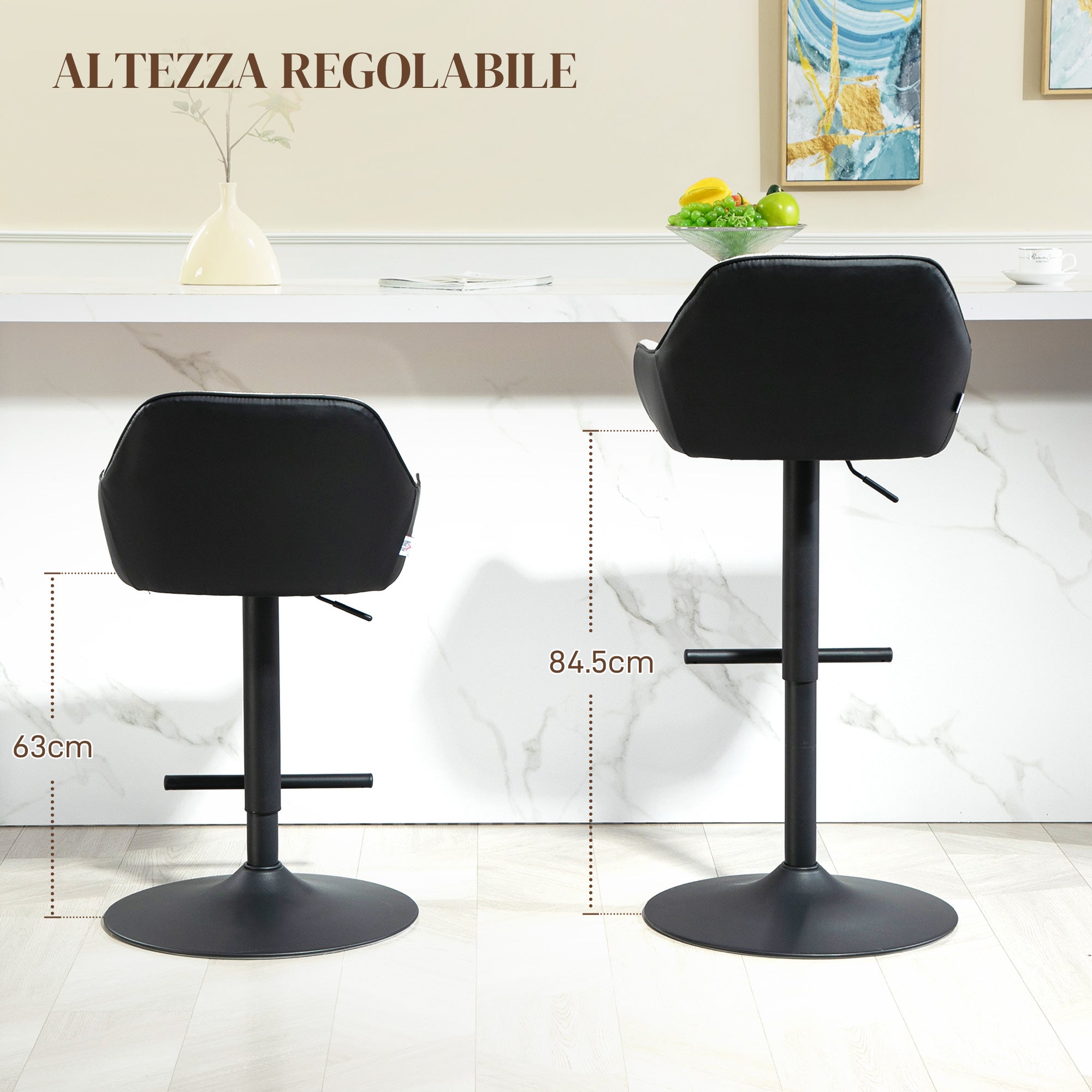 Set of 2 Bar Stools with Backrest, Footrest, and Armrests, Adjustable Swivel High Kitchen Stools in Fabric and PU with Non-Slip Base for Counter, Restaurant, Light Gray