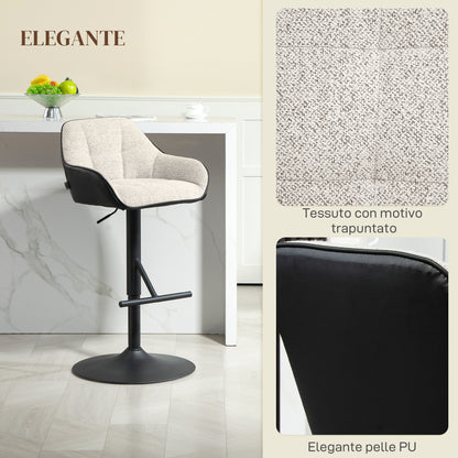 Set of 2 Bar Stools with Backrest, Footrest, and Armrests, Adjustable Swivel High Kitchen Stools in Fabric and PU with Non-Slip Base for Counter, Restaurant, Light Gray