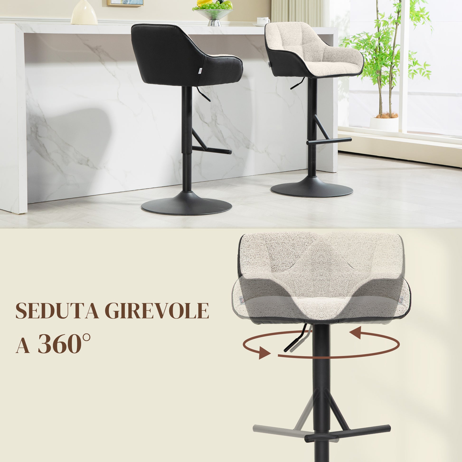 Set of 2 Bar Stools with Backrest, Footrest, and Armrests, Adjustable Swivel High Kitchen Stools in Fabric and PU with Non-Slip Base for Counter, Restaurant, Light Gray