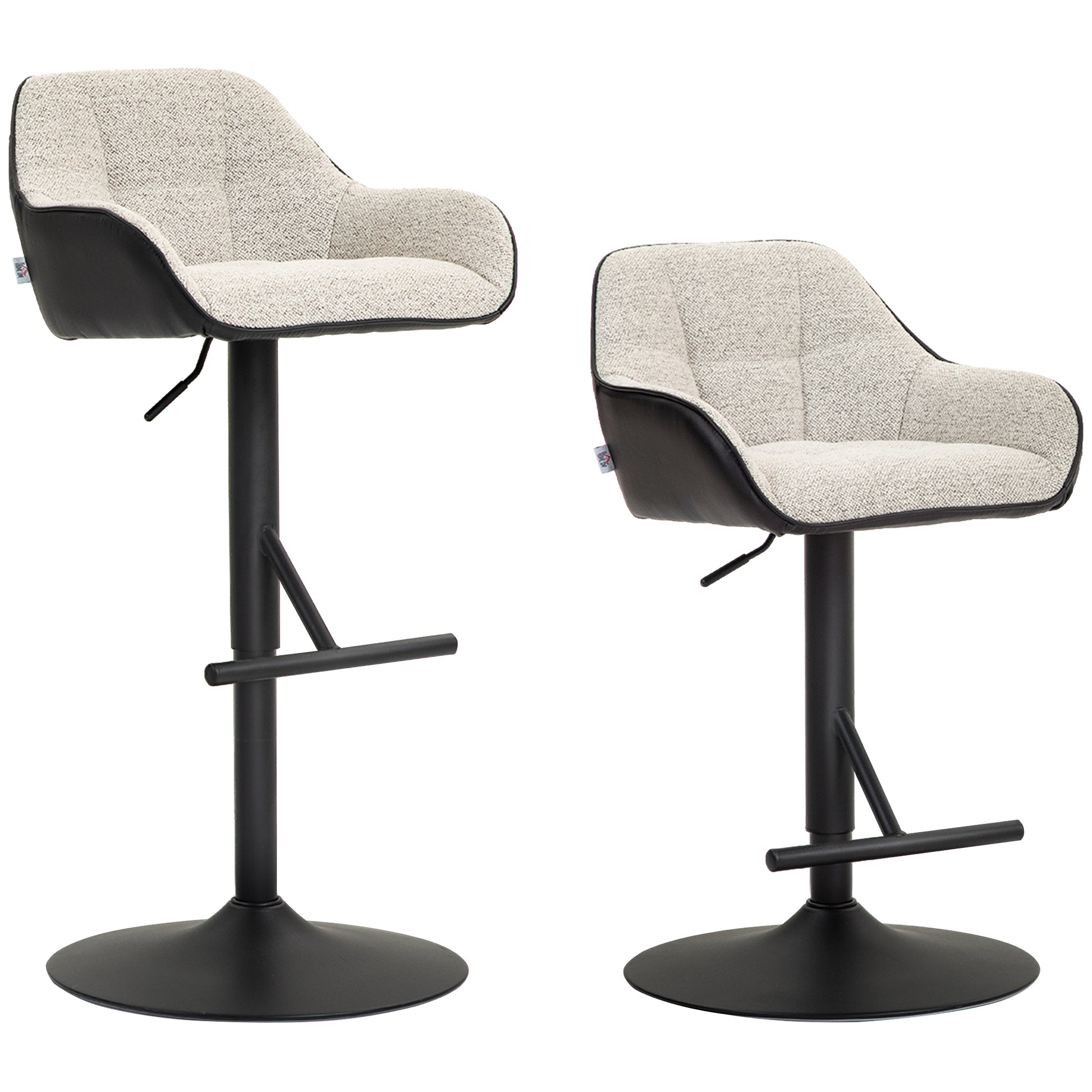Set of 2 Bar Stools with Backrest, Footrest, and Armrests, Adjustable Swivel High Kitchen Stools in Fabric and PU with Non-Slip Base for Counter, Restaurant, Light Gray