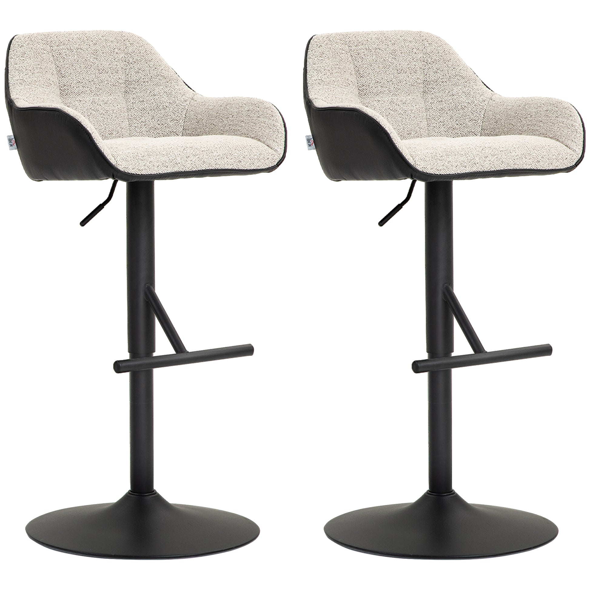 Set of 2 Bar Stools with Backrest, Footrest, and Armrests, Adjustable Swivel High Kitchen Stools in Fabric and PU with Non-Slip Base for Counter, Restaurant, Light Gray