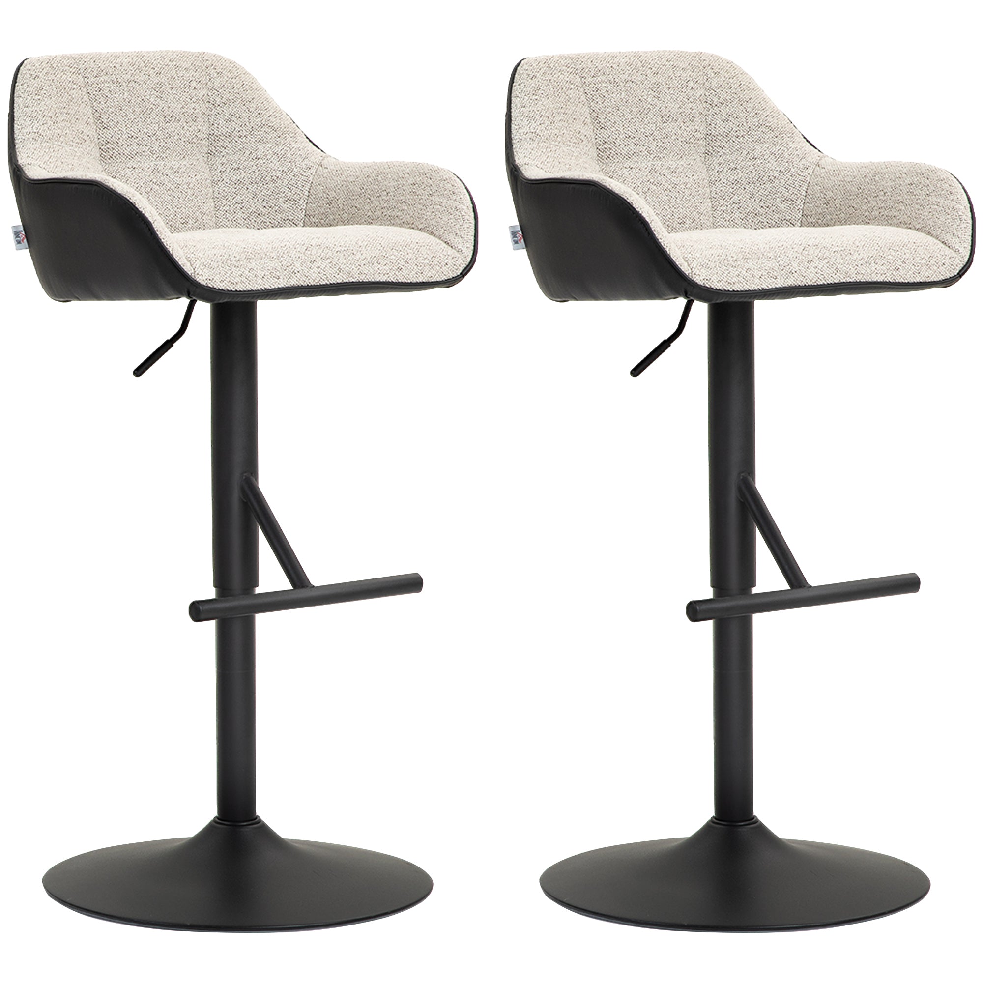 Set of 2 Bar Stools with Backrest, Footrest, and Armrests, Adjustable Swivel High Kitchen Stools in Fabric and PU with Non-Slip Base for Counter, Restaurant, Light Gray