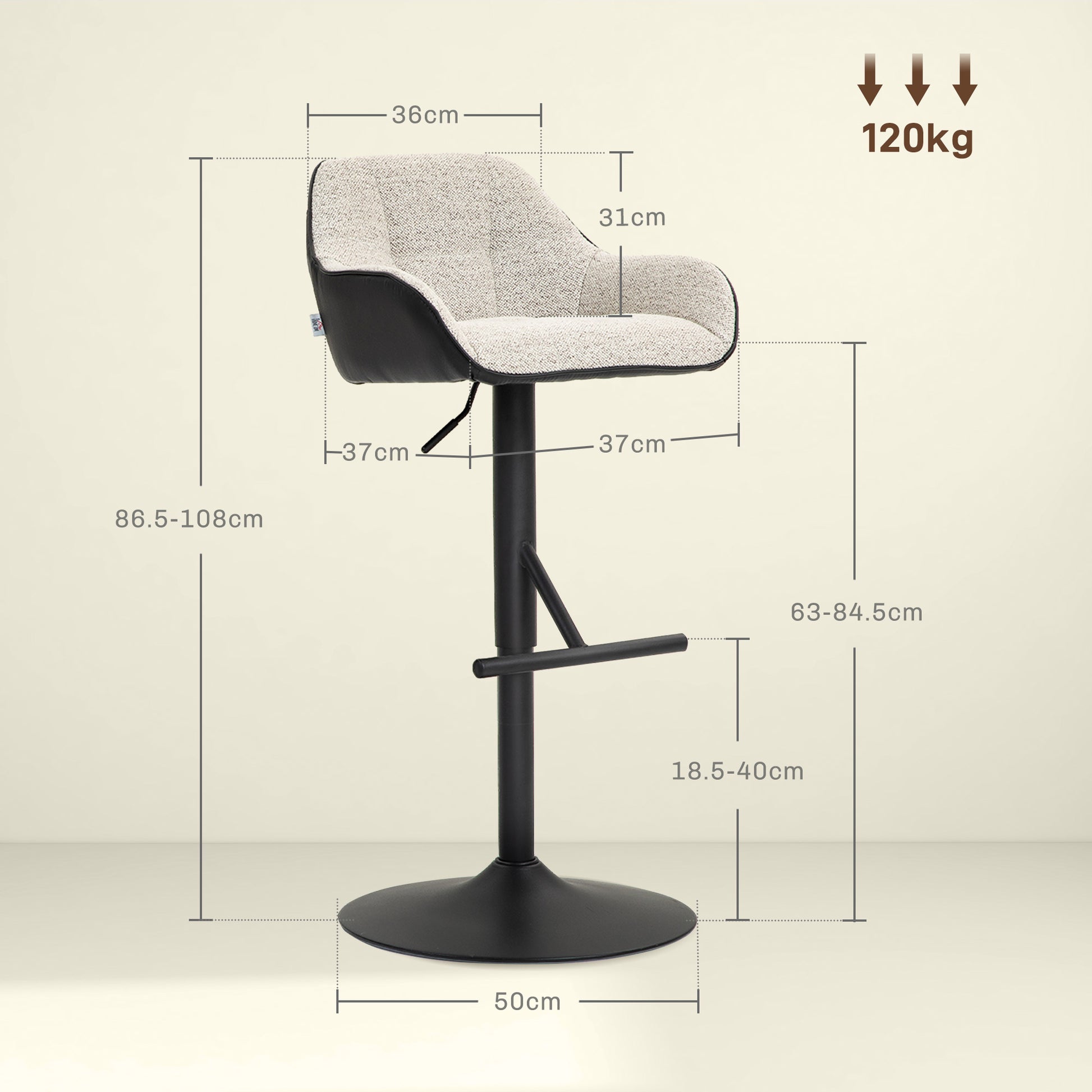 Set of 2 Bar Stools with Backrest, Footrest, and Armrests, Adjustable Swivel High Kitchen Stools in Fabric and PU with Non-Slip Base for Counter, Restaurant, Light Gray