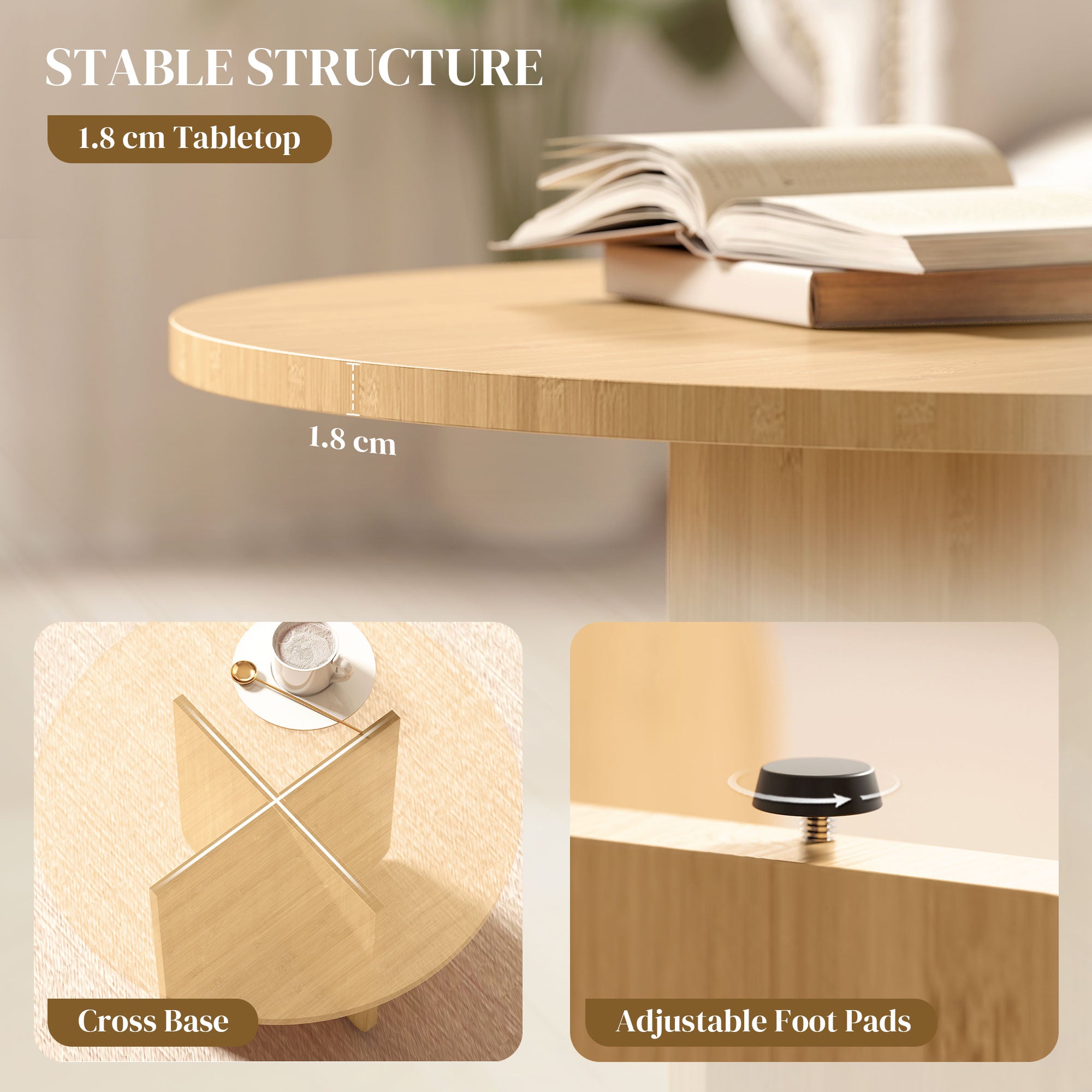 Round Bamboo Coffee Table Ø26 in Modern Living Room Table with Cross Base, Supports up to 265 lb, Natural