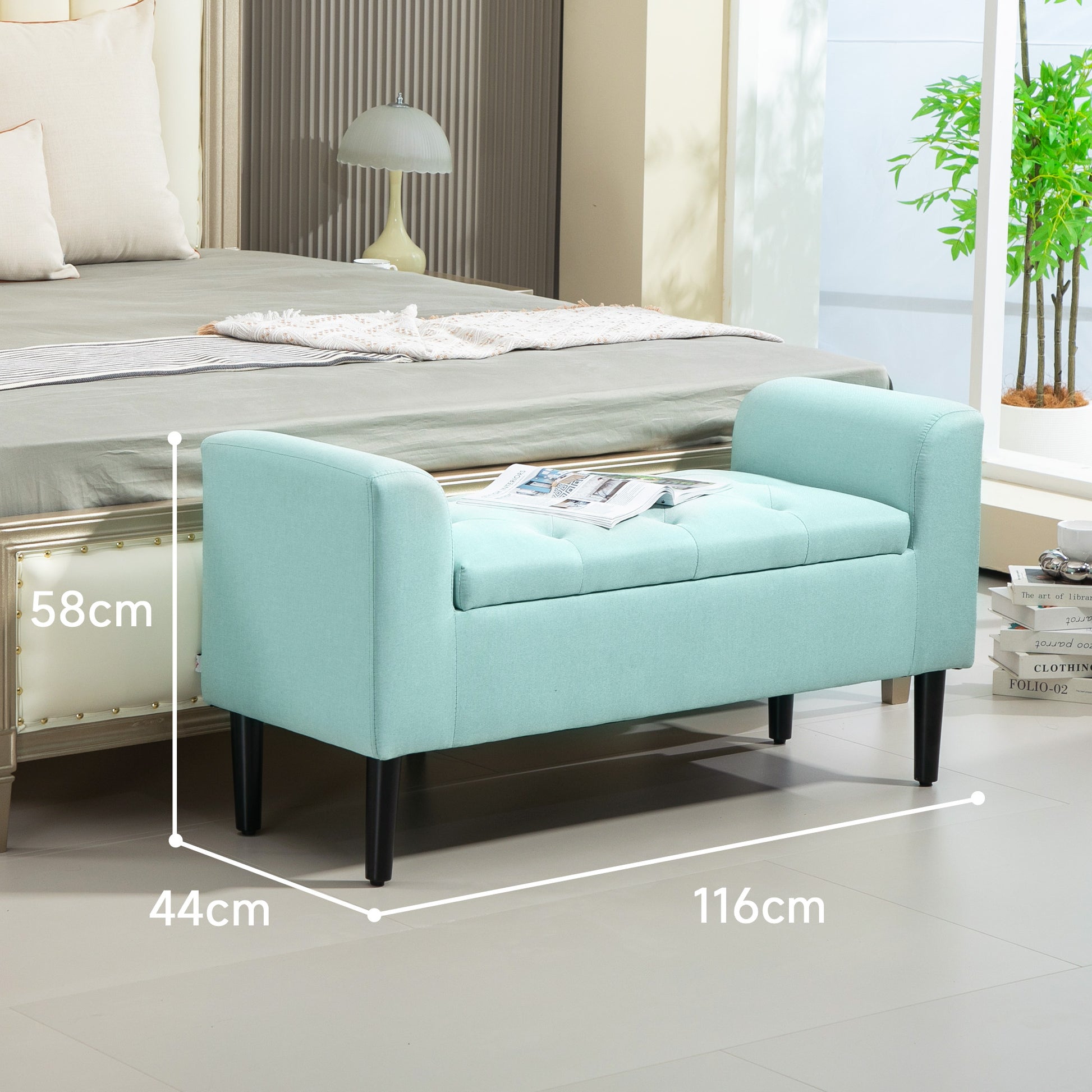 Storage Bench with Linen-Feel, Wooden Legs, Bed Bench Load-Bearing Up to 130 kg, for Living Room Bedroom Hallway, 116 x 44 x 58 cm Green