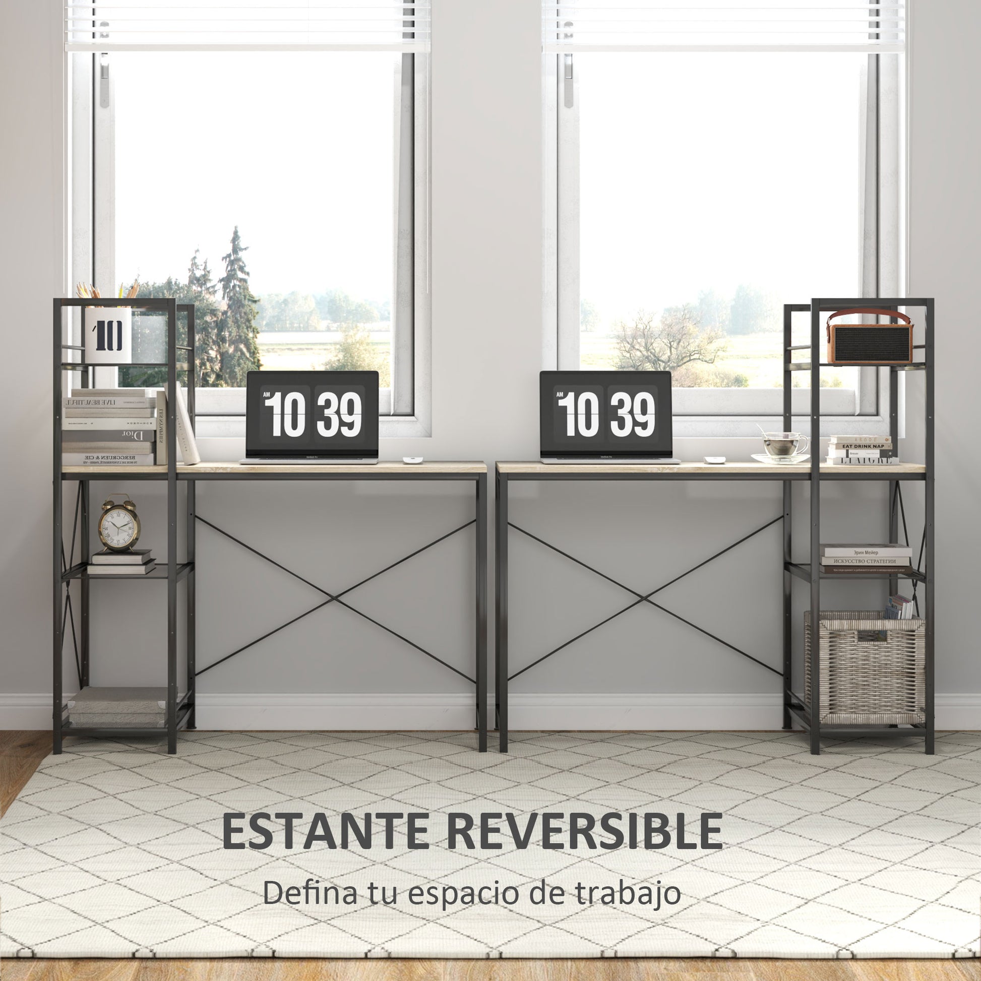 Industrial Reversible Bookshelf Desk Steel Frame Study Table for Home Office Bedroom 110x53x115.5 cm Oak and Black