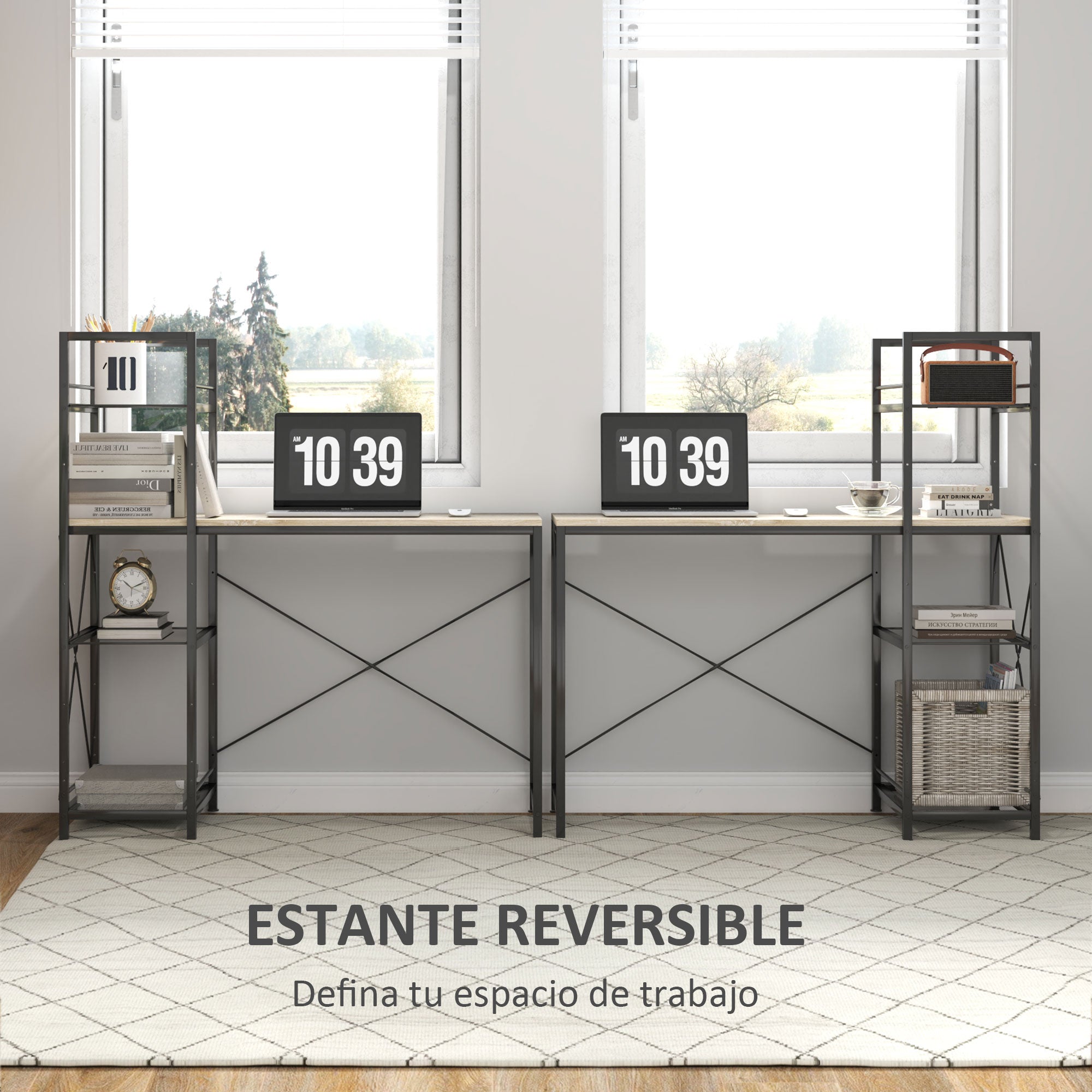 Industrial Reversible Bookshelf Desk Steel Frame Study Table for Home Office Bedroom 110x53x115.5 cm Oak and Black