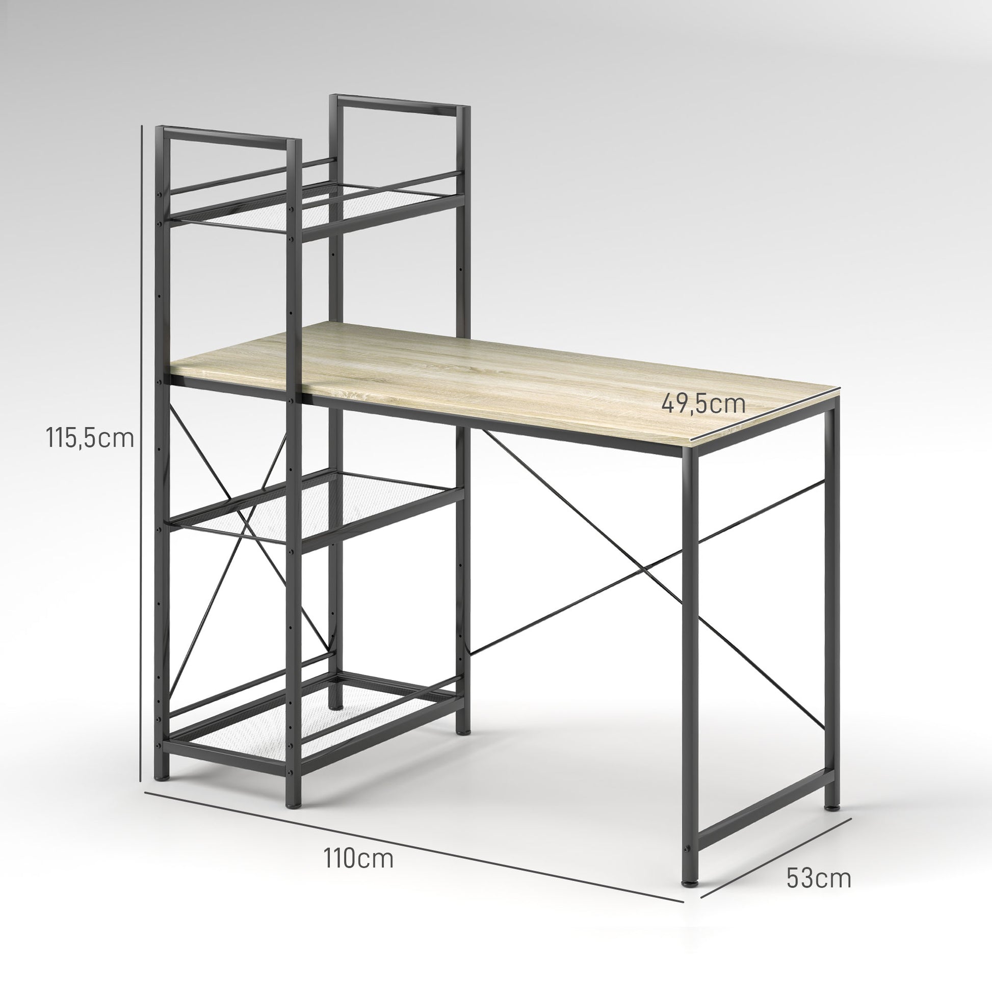 Industrial Reversible Bookshelf Desk Steel Frame Study Table for Home Office Bedroom 110x53x115.5 cm Oak and Black