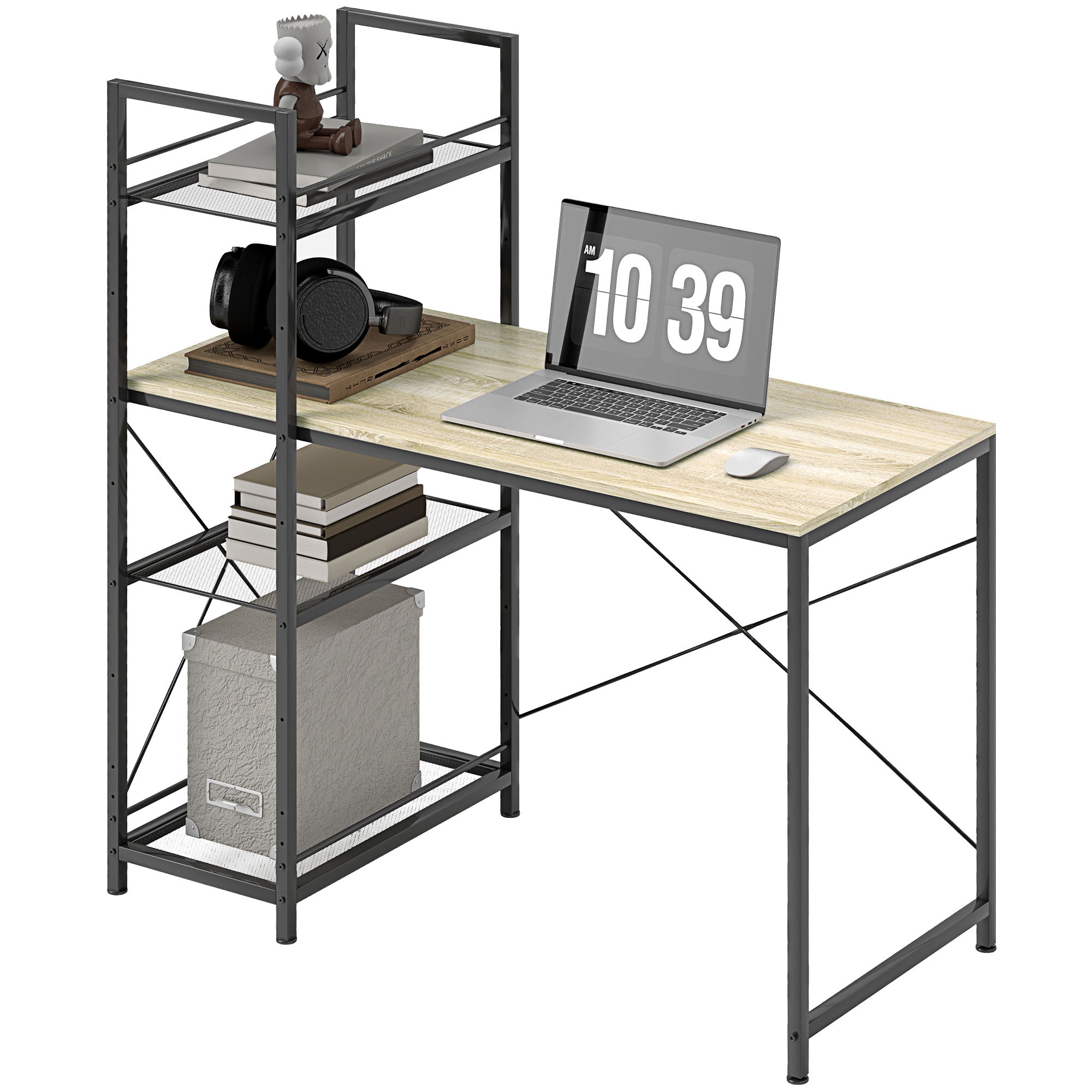 Industrial Reversible Bookshelf Desk Steel Frame Study Table for Home Office Bedroom 110x53x115.5 cm Oak and Black