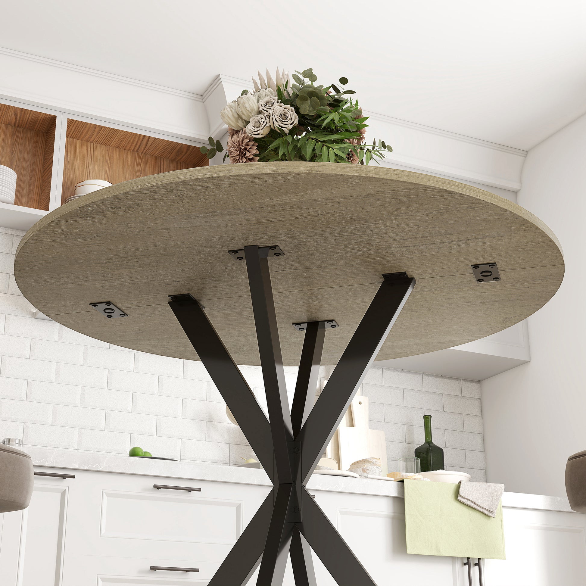 Round Dining Table Ø80cm Dining Room Table in Industrial Style with Steel Legs, Kitchen Table for Dining Room, Kitchen, Home Office, White Oak