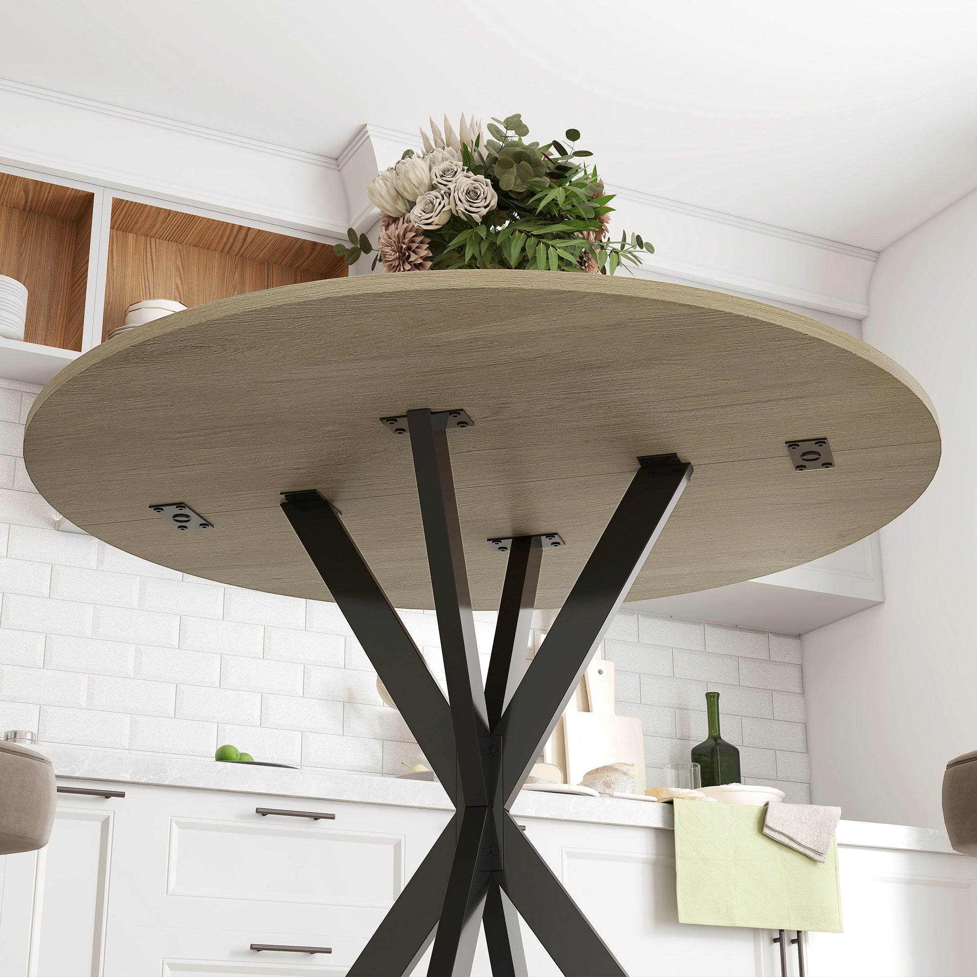 Round Dining Table Ø80cm Dining Room Table in Industrial Style with Steel Legs, Kitchen Table for Dining Room, Kitchen, Home Office, White Oak
