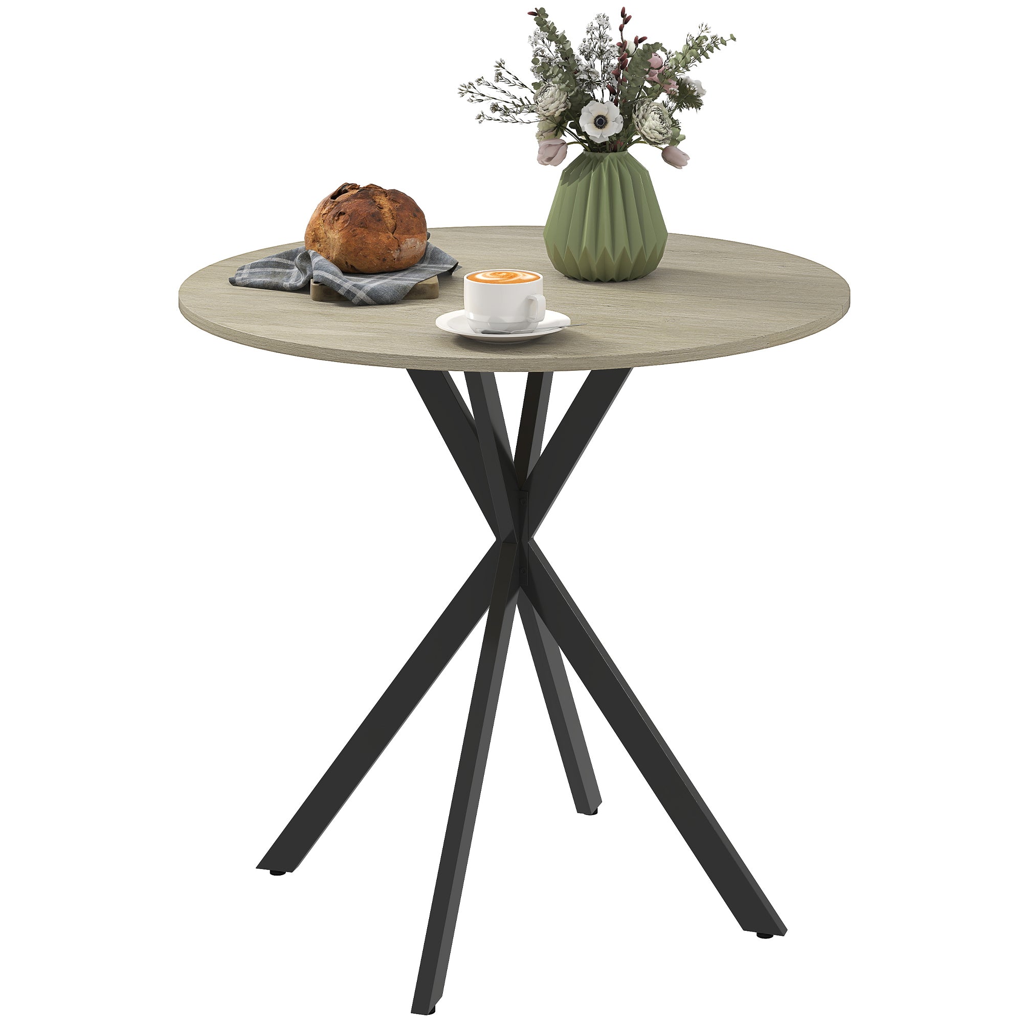 Round Dining Table Ø80cm Dining Room Table in Industrial Style with Steel Legs, Kitchen Table for Dining Room, Kitchen, Home Office, White Oak