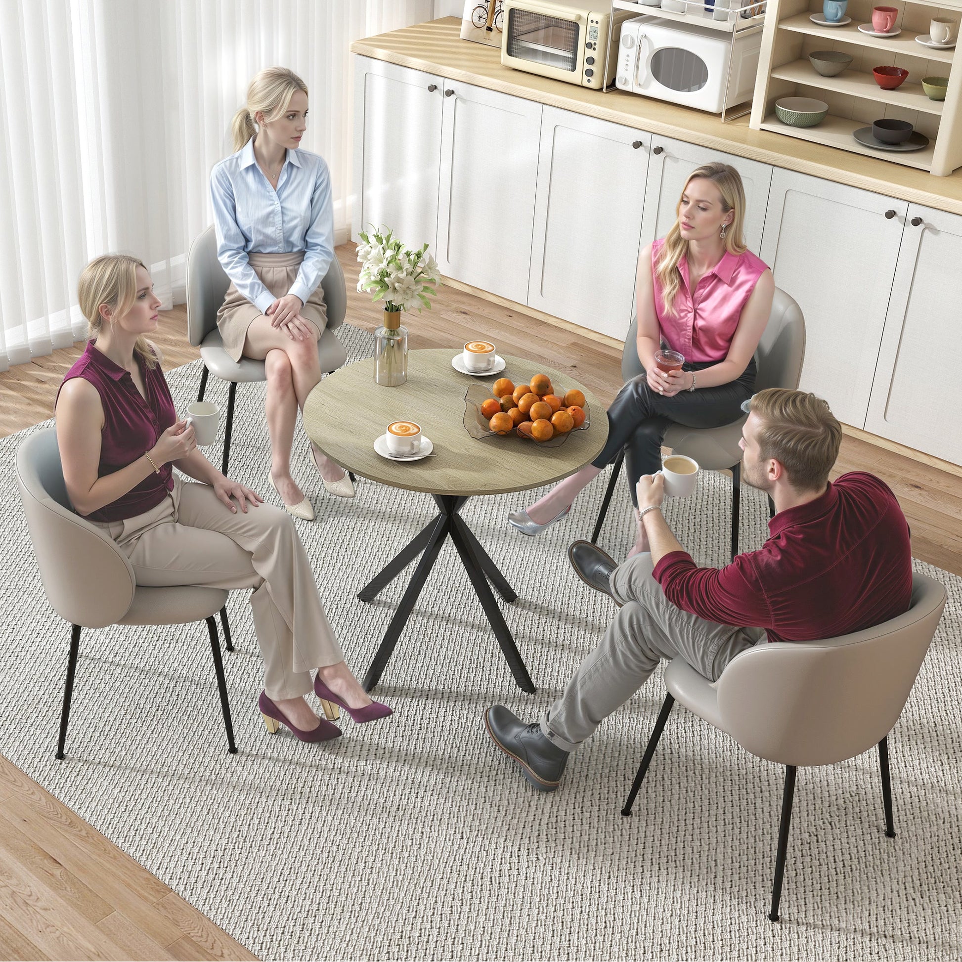 Round Dining Table Ø80cm Dining Room Table in Industrial Style with Steel Legs, Kitchen Table for Dining Room, Kitchen, Home Office, White Oak