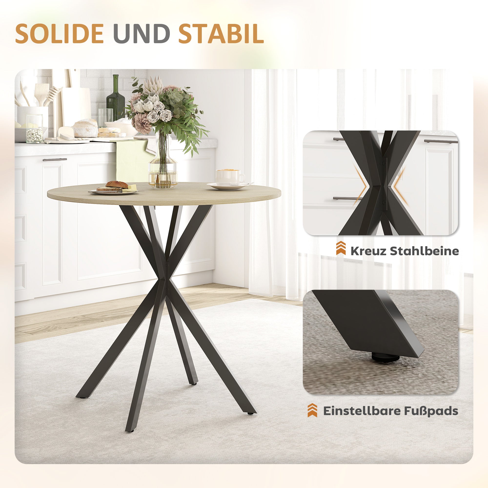 Round Dining Table Ø80cm Dining Room Table in Industrial Style with Steel Legs, Kitchen Table for Dining Room, Kitchen, Home Office, White Oak