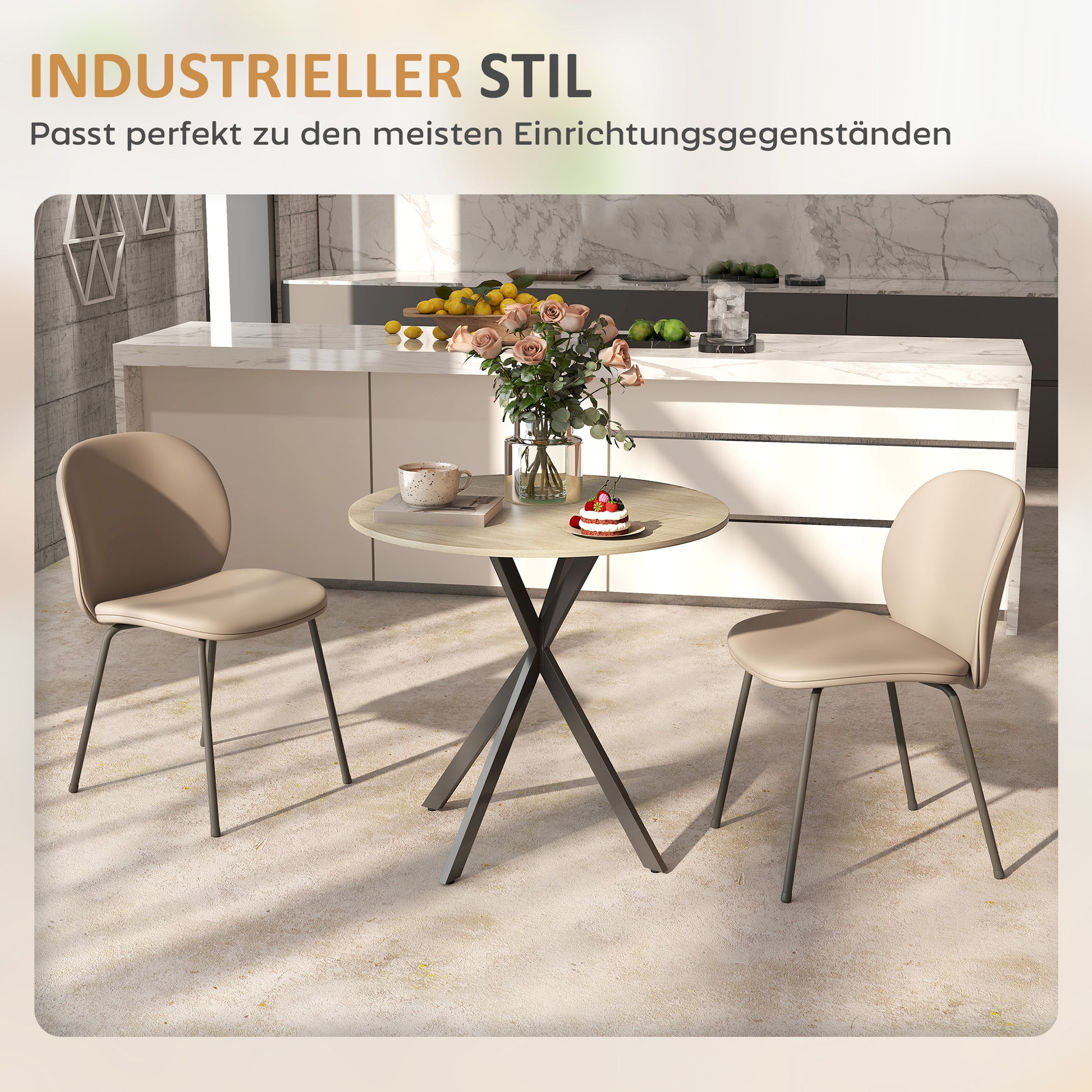 Round Dining Table Ø80cm Dining Room Table in Industrial Style with Steel Legs, Kitchen Table for Dining Room, Kitchen, Home Office, White Oak