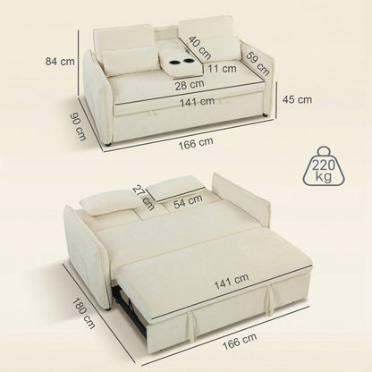 2-Seater 3‑in‑1 Convertible Chenille Sofa Bed with Adjustable Backrest, Cup Holders & Side Pockets — Beige