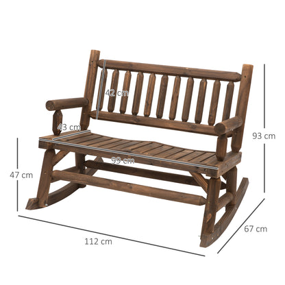 2-Seater Rocking Garden Bench Rural Chic Style Structure Backrest Armrests Shaped like Wood Logs Slatted Seat Pine treated carbonization