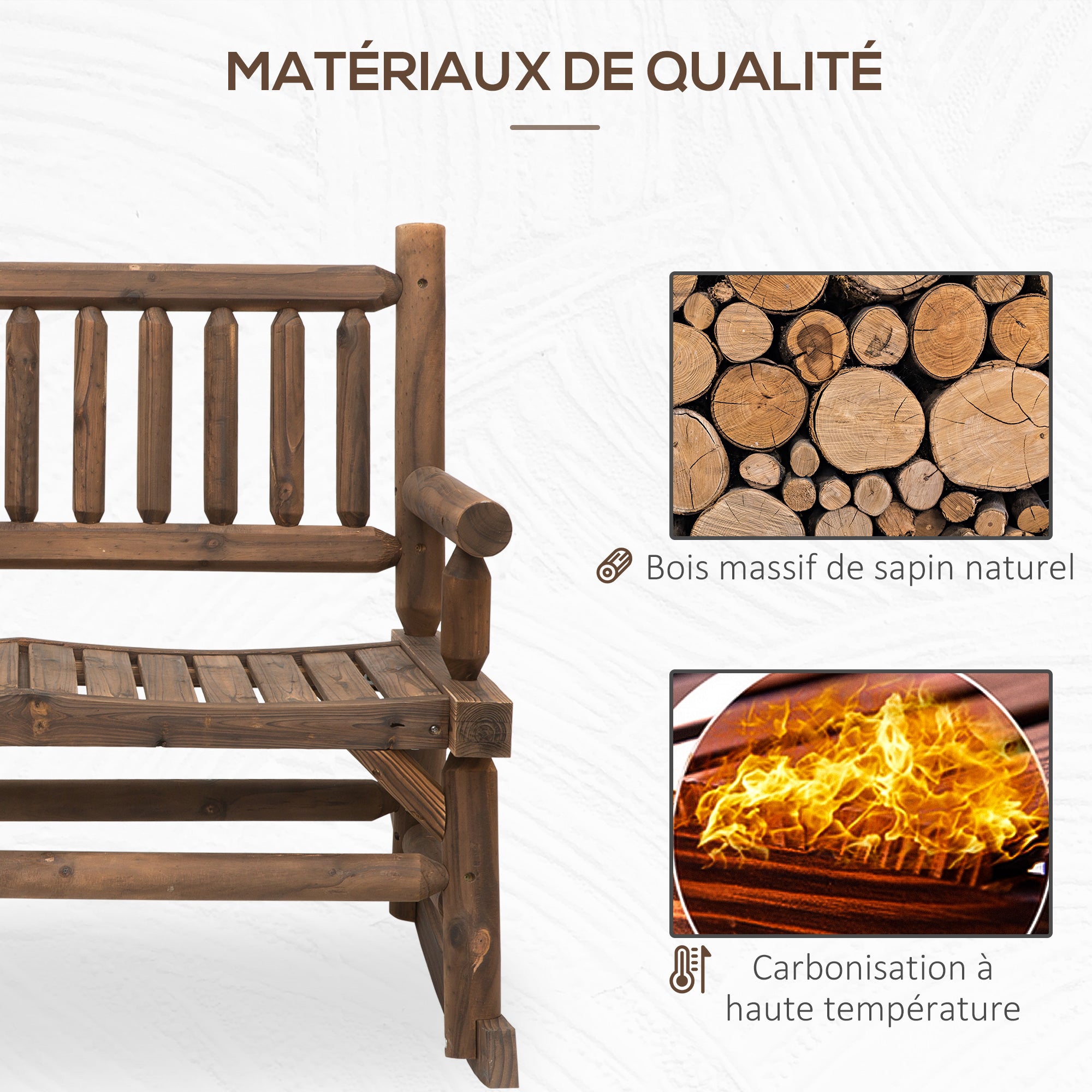 2-Seater Rocking Garden Bench Rural Chic Style Structure Backrest Armrests Shaped like Wood Logs Slatted Seat Pine treated carbonization