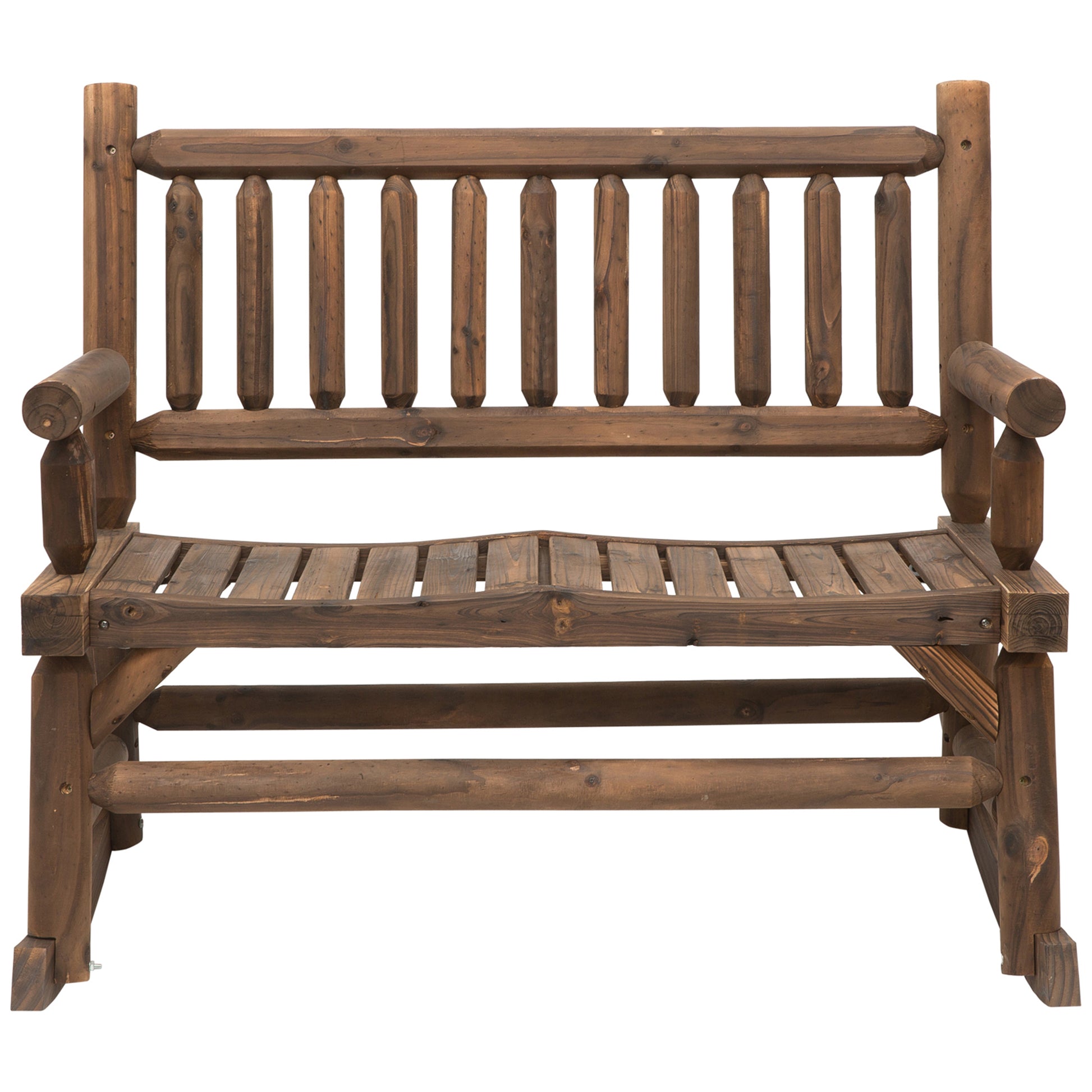 2-Seater Rocking Garden Bench Rural Chic Style Structure Backrest Armrests Shaped like Wood Logs Slatted Seat Pine treated carbonization