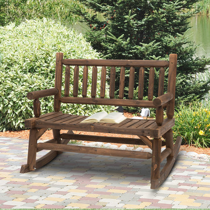 2-Seater Rocking Garden Bench Rural Chic Style Structure Backrest Armrests Shaped like Wood Logs Slatted Seat Pine treated carbonization