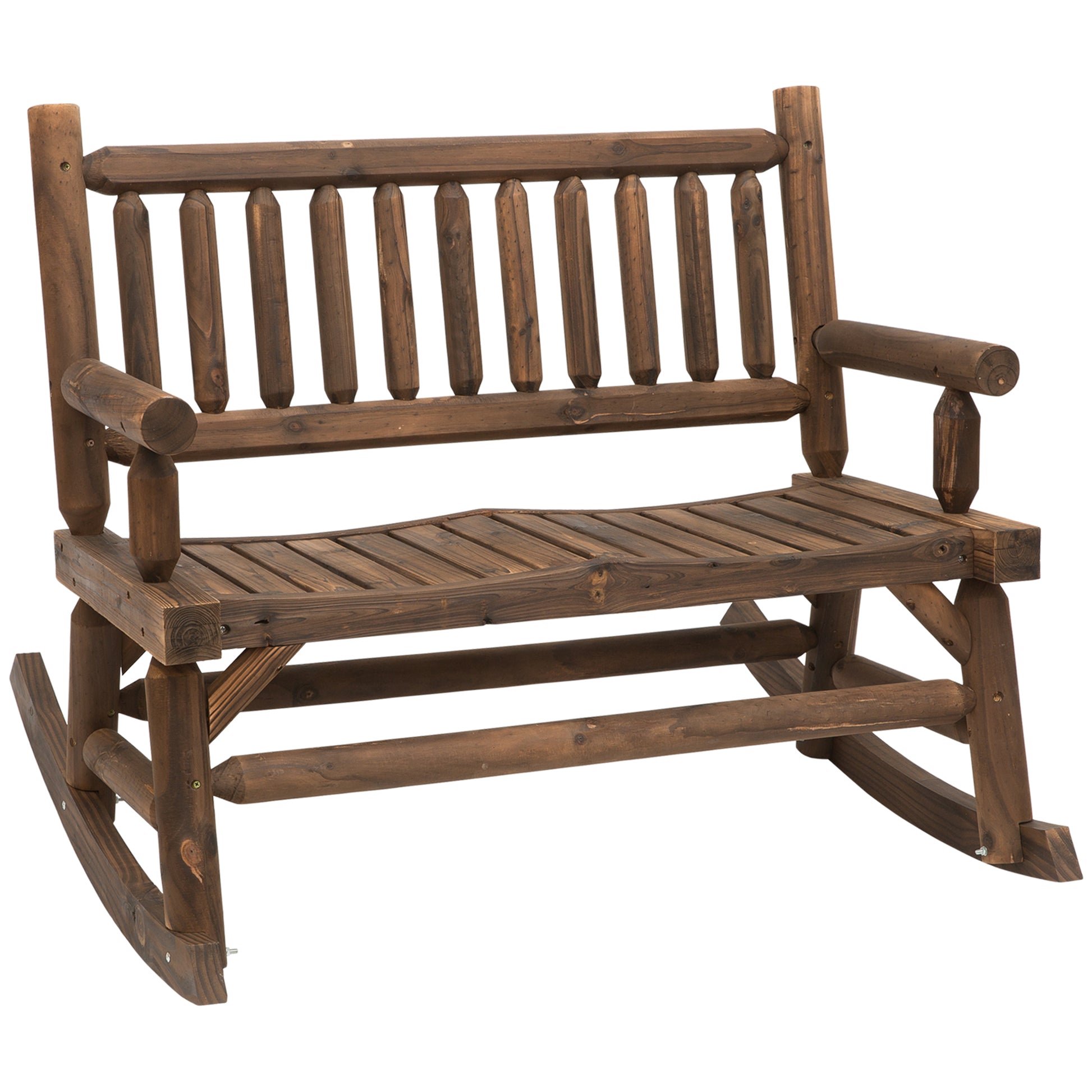 2-Seater Rocking Garden Bench Rural Chic Style Structure Backrest Armrests Shaped like Wood Logs Slatted Seat Pine treated carbonization