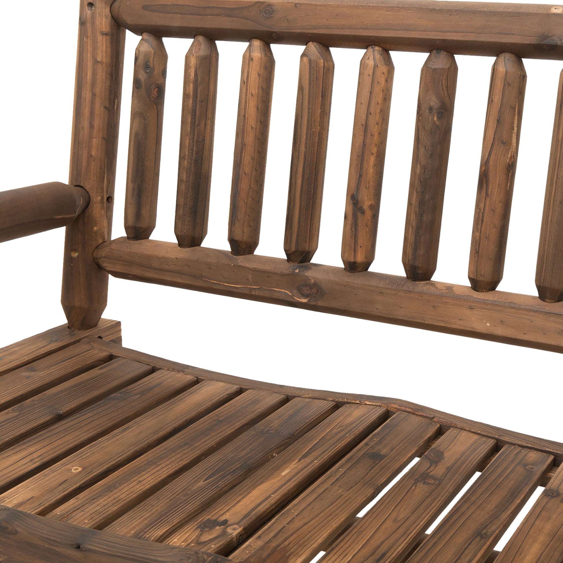 2-Seater Rocking Garden Bench Rural Chic Style Structure Backrest Armrests Shaped like Wood Logs Slatted Seat Pine treated carbonization