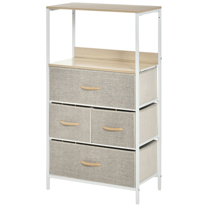 Bedroom Dresser Storage Cabinet 4 Fabric Foldable and Removable Drawers with Open Shelves and Metal Frame, Chest of Drawers for Living Room, Bedroom, Entryway, Light Gray