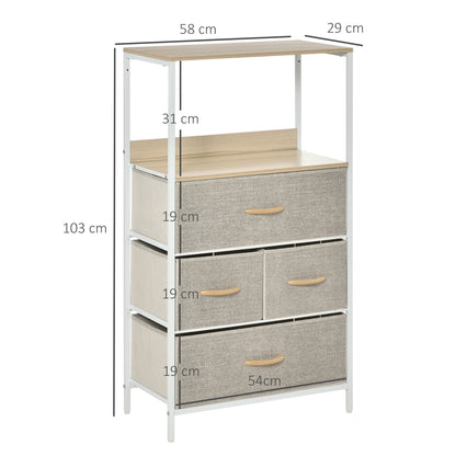 Bedroom Dresser Storage Cabinet 4 Fabric Foldable and Removable Drawers with Open Shelves and Metal Frame, Chest of Drawers for Living Room, Bedroom, Entryway, Light Gray