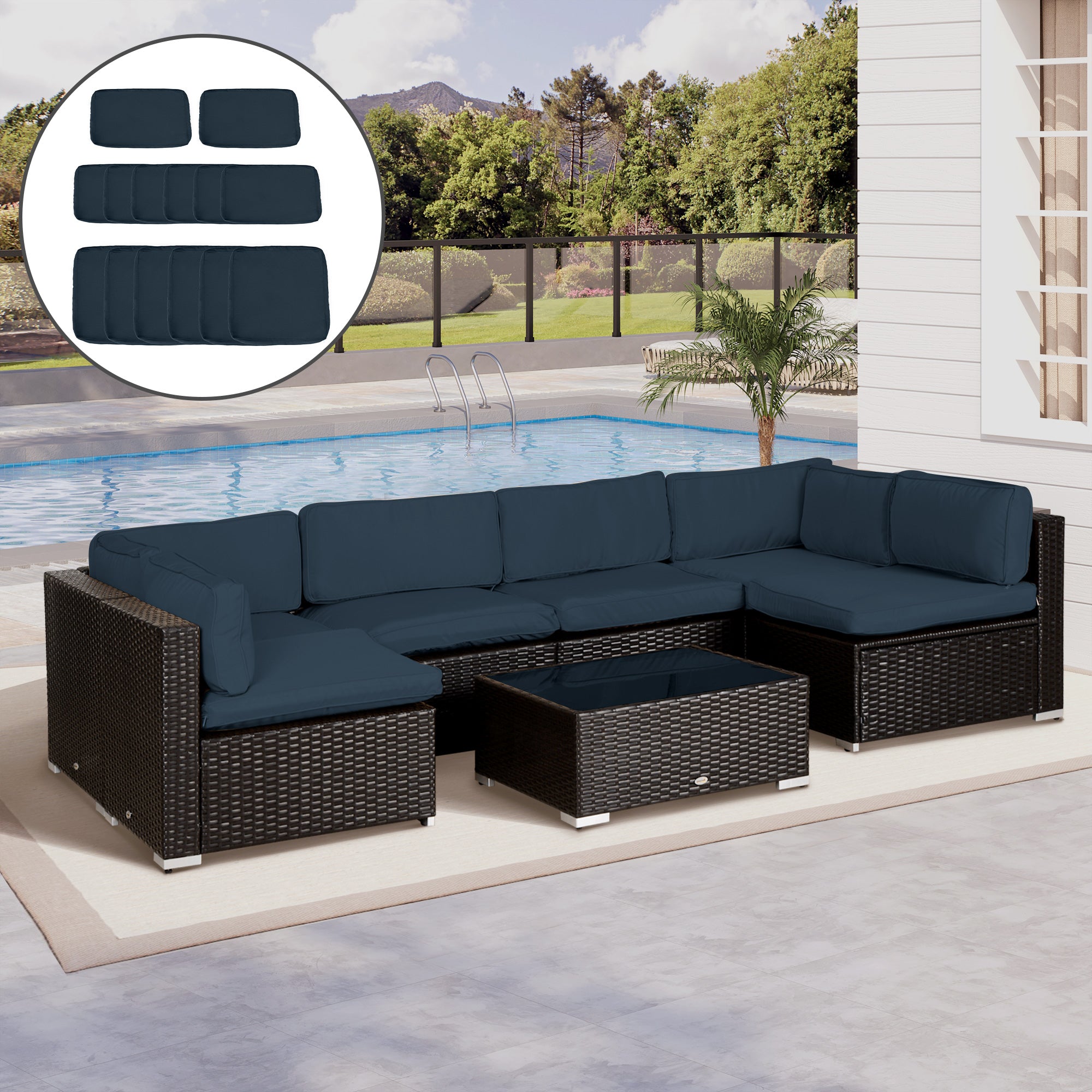 Set of 14 Replacement Covers Garden Lounge Cushions - 6 Seat Cushion Covers, 8 Back Cushion Covers - Zippered Water-Repellent Polyester Blue