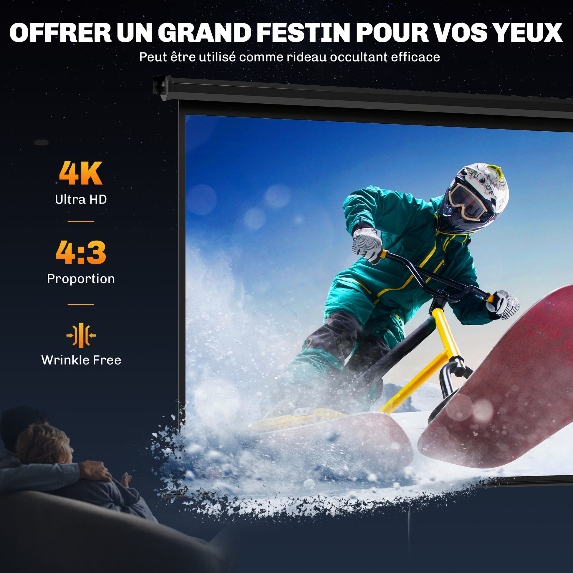 84-inch Projection Screen, Projector Screen, Home Cinema, 4:3 4K HD, Wall or Ceiling Mount, 181 x 8 x 138 cm, Black