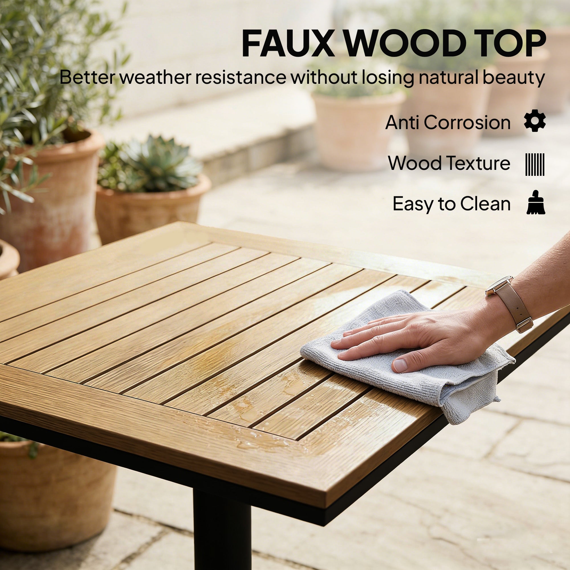 Square Balcony Table 70 x 70 cm (27.6 x 27.6 in) — 74 cm (29.1 in) High, Wood-Look WPC Top & Metal Frame, 30 kg (66 lb) Capacity — Natural Wood