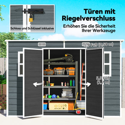Garden Shed 3.2 m² (34.5 ft²), 303×123×197 cm (9'11" x 4'0" x 6'6") — Plastic Storage Shed with Windows, Double Doors, Lockable Vent, Wood-Look Floor (Gray)