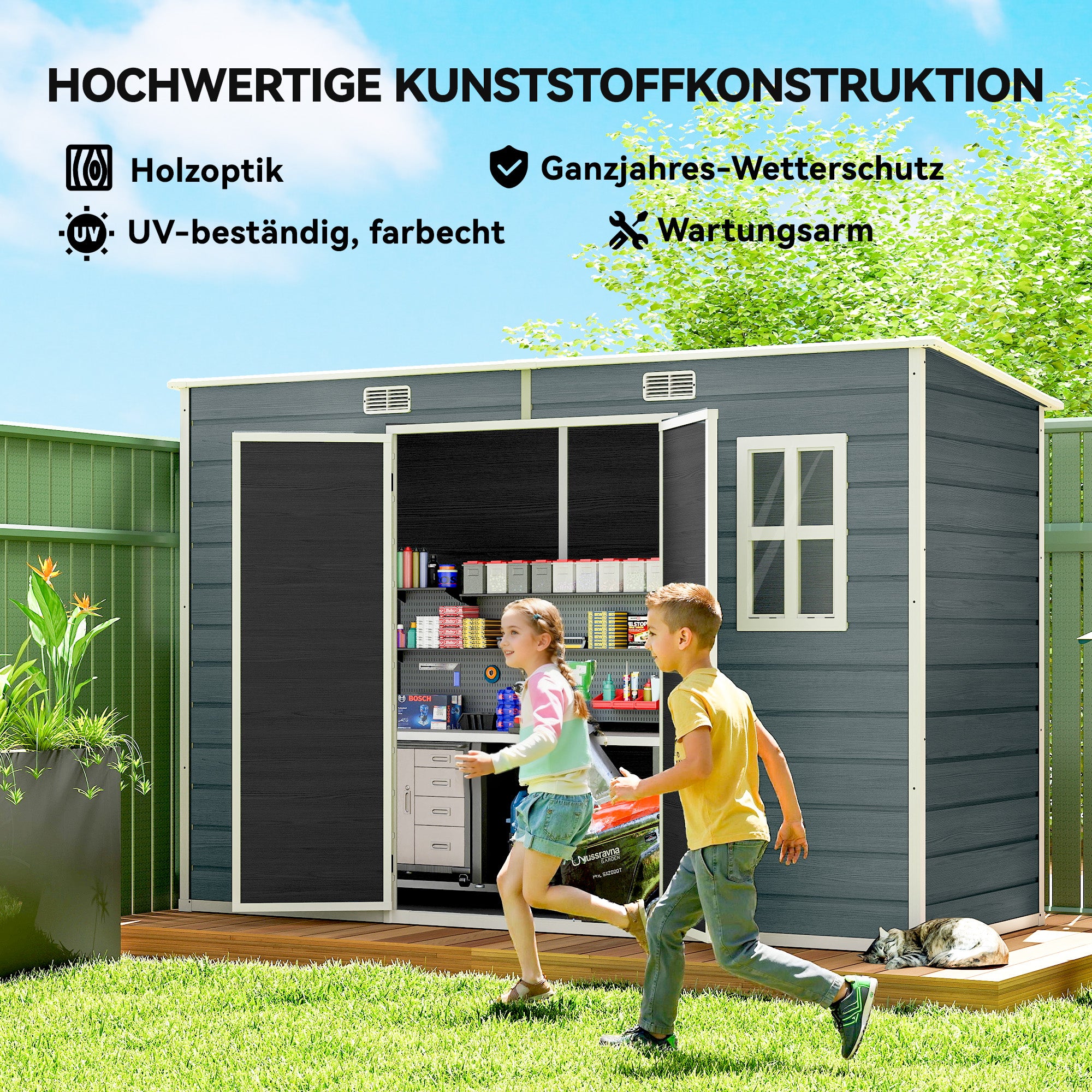Garden Shed 3.2 m² (34.5 ft²), 303×123×197 cm (9'11" x 4'0" x 6'6") — Plastic Storage Shed with Windows, Double Doors, Lockable Vent, Wood-Look Floor (Gray)