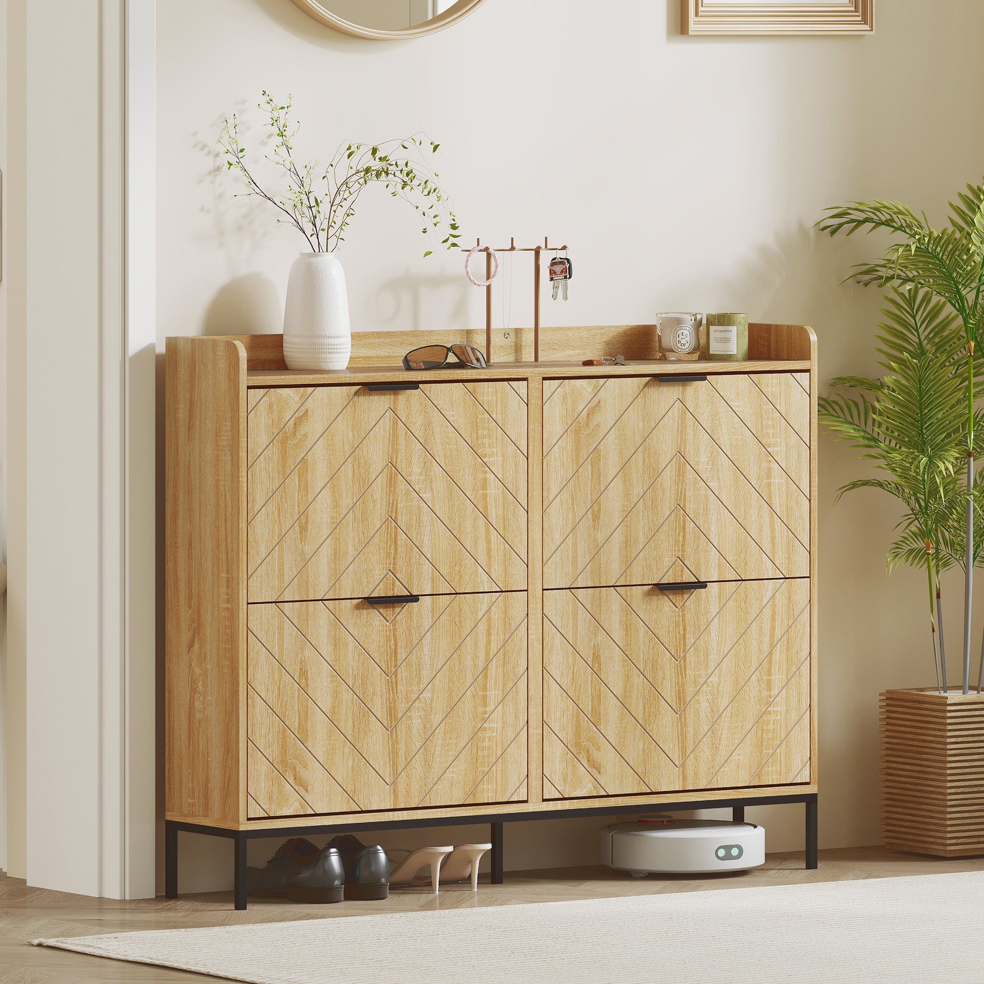 Narrow Shoe Cabinet with 4 Doors Entryway Shoe Rack with Adjustable Shelves for 16 Pairs of Shoes 120x23.5x95.5 cm Oak