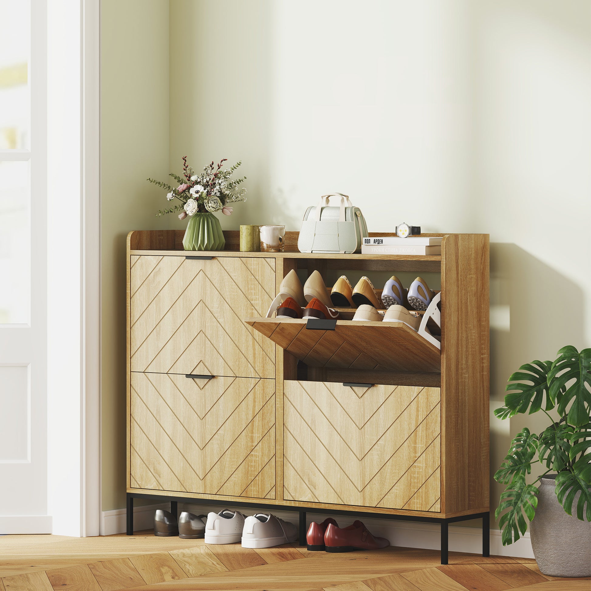 Narrow Shoe Cabinet with 4 Doors Entryway Shoe Rack with Adjustable Shelves for 16 Pairs of Shoes 120x23.5x95.5 cm Oak