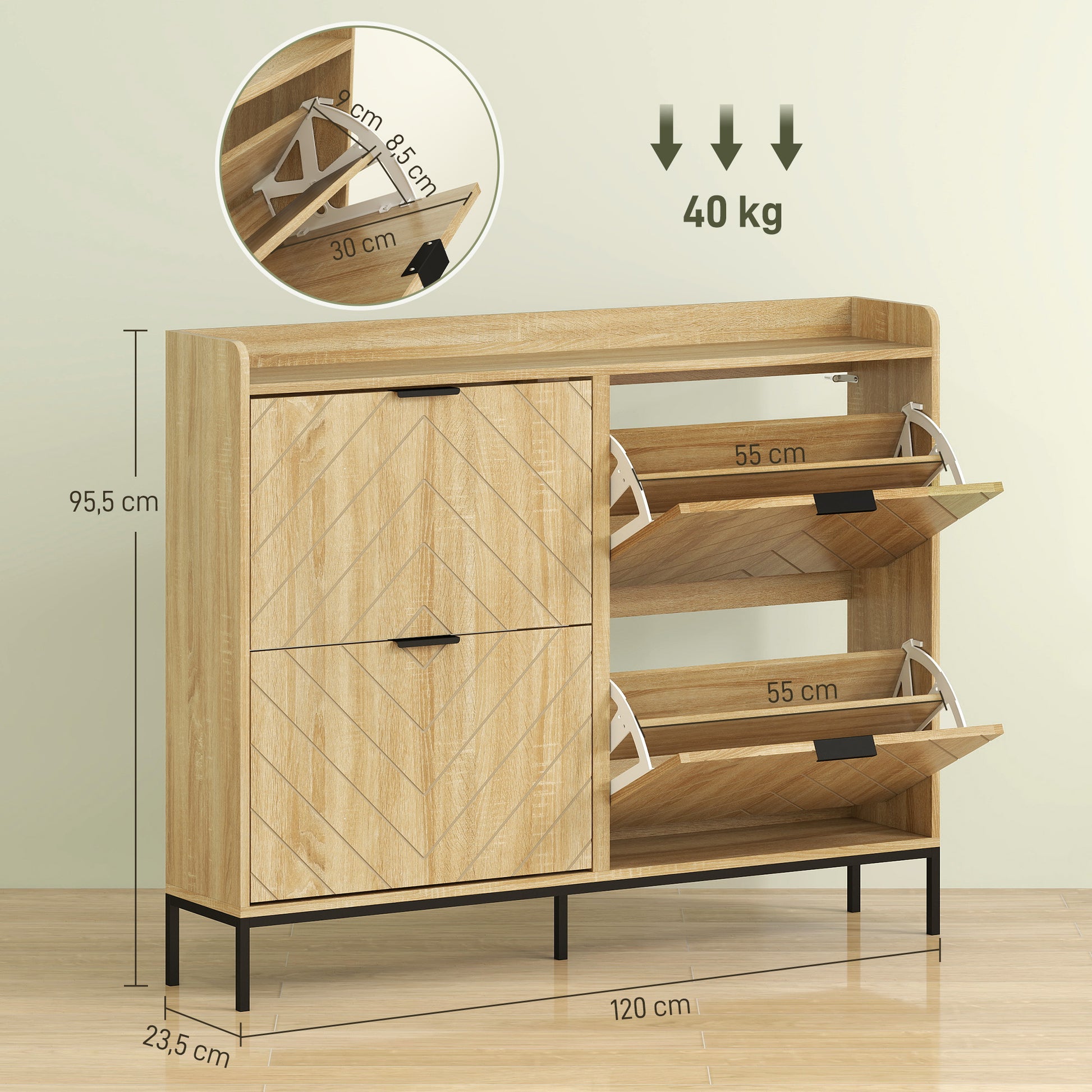 Narrow Shoe Cabinet with 4 Doors Entryway Shoe Rack with Adjustable Shelves for 16 Pairs of Shoes 120x23.5x95.5 cm Oak