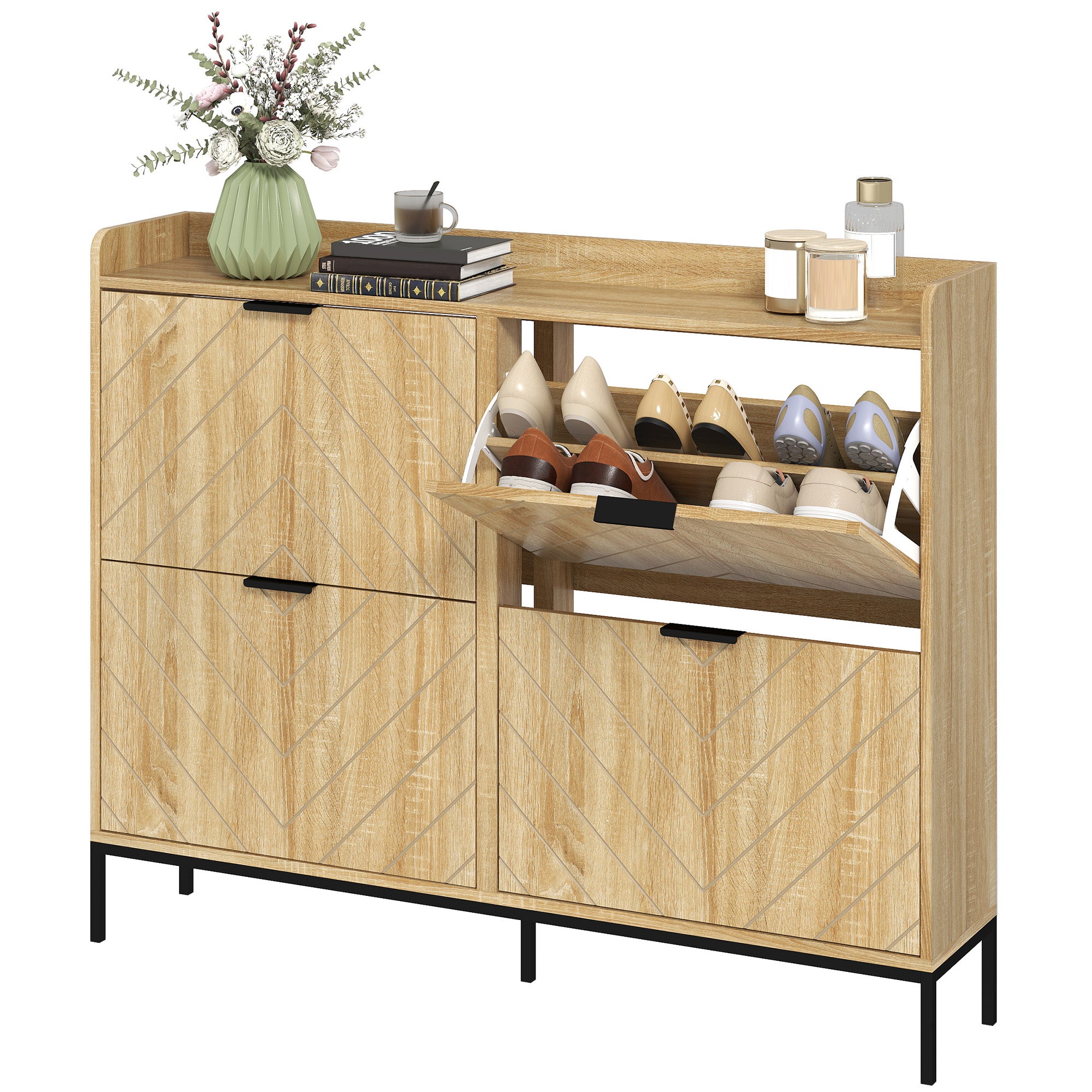 Narrow Shoe Cabinet with 4 Doors Entryway Shoe Rack with Adjustable Shelves for 16 Pairs of Shoes 120x23.5x95.5 cm Oak