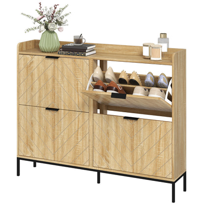 Narrow Shoe Cabinet with 4 Doors Entryway Shoe Rack with Adjustable Shelves for 16 Pairs of Shoes 120x23.5x95.5 cm Oak