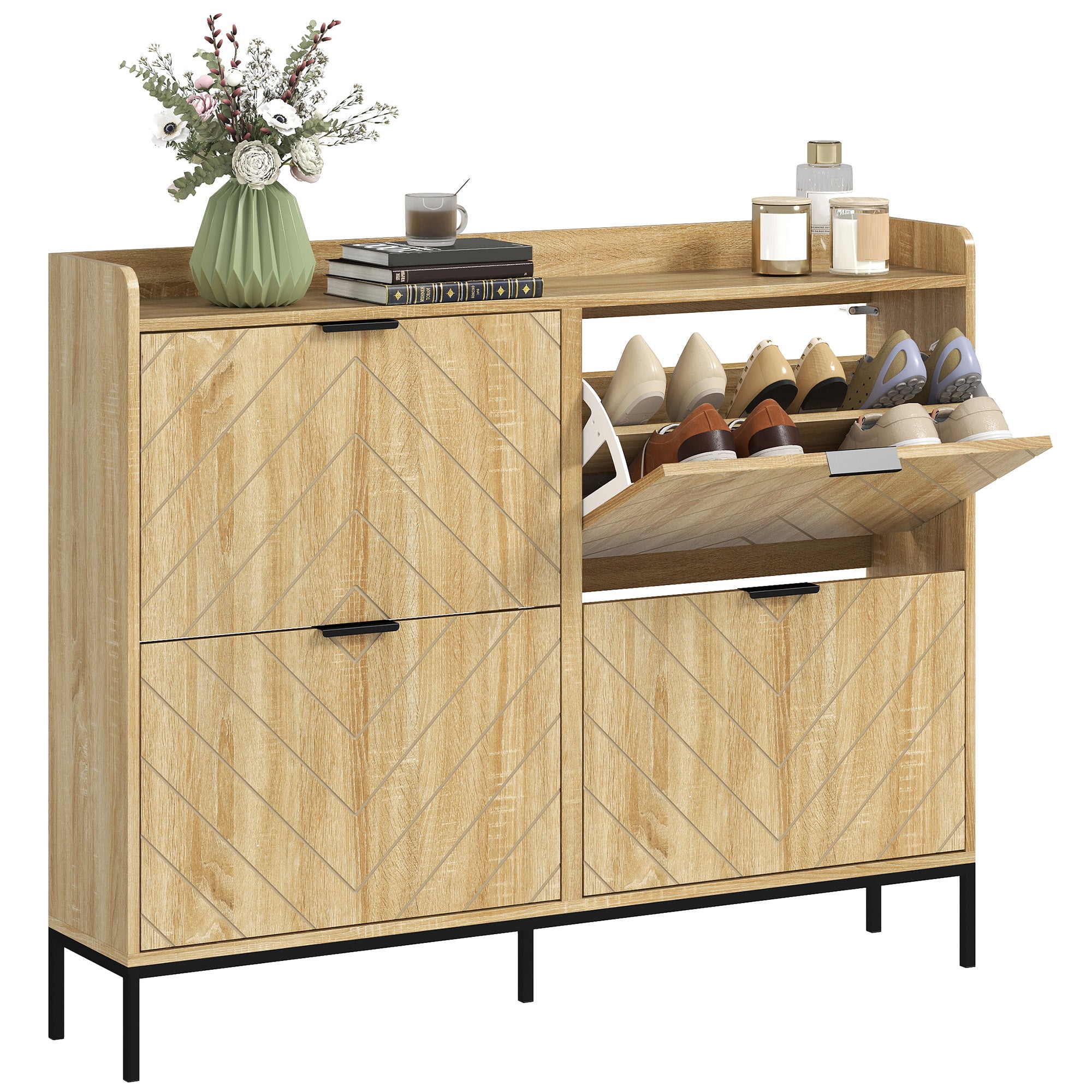 Narrow Shoe Cabinet with 4 Doors Entryway Shoe Rack with Adjustable Shelves for 16 Pairs of Shoes 120x23.5x95.5 cm Oak